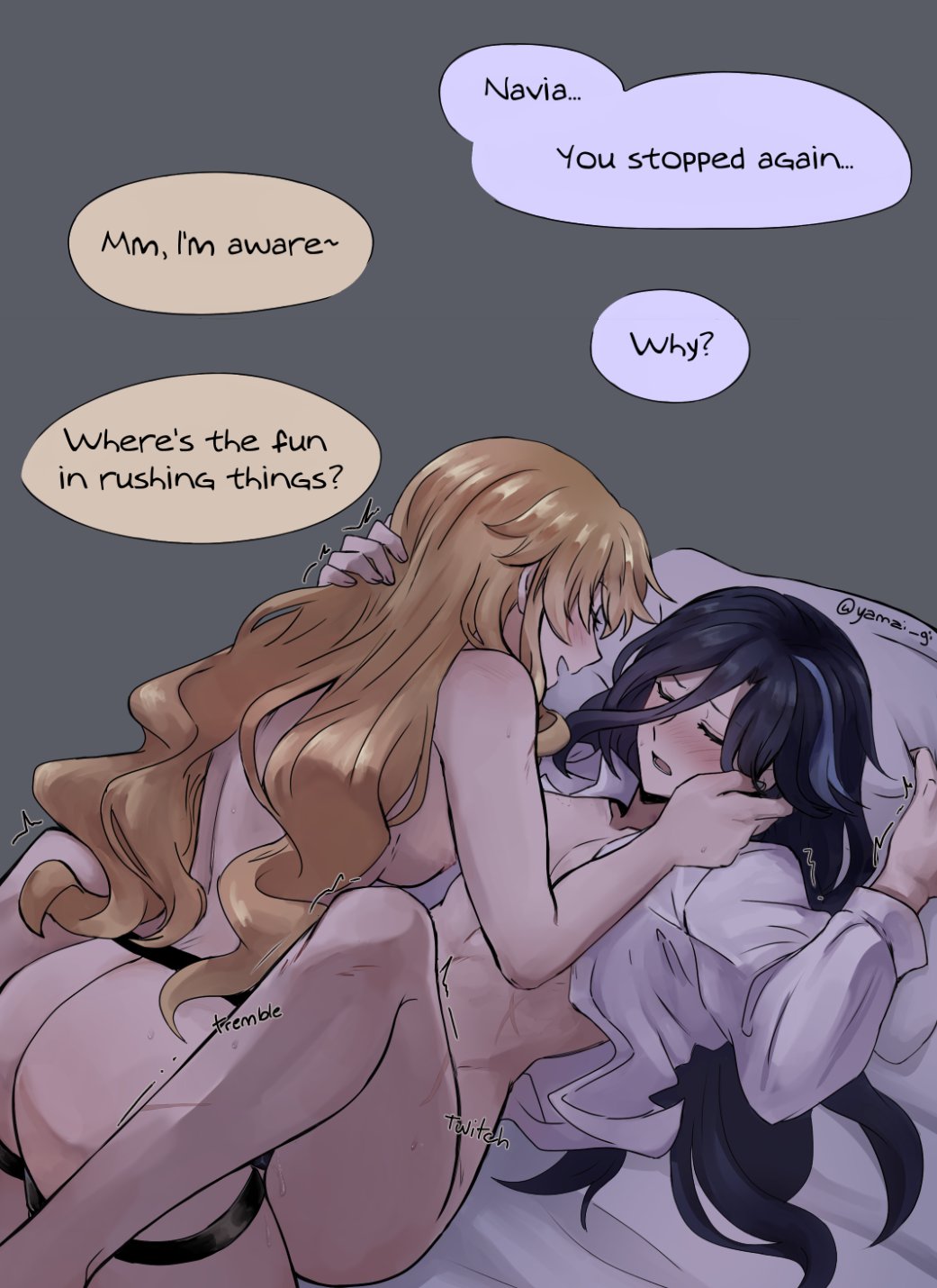 ass, begging, blouse, blush, clorinde (genshin impact), closed eyes, clothed sex, english text, female, genshin impact, kaiyamon, lesbian couple, lesbian sex, navia (genshin impact), nude, open mouth, strap-on, strapon, white blouse, wholesome, yamai gi, yuri