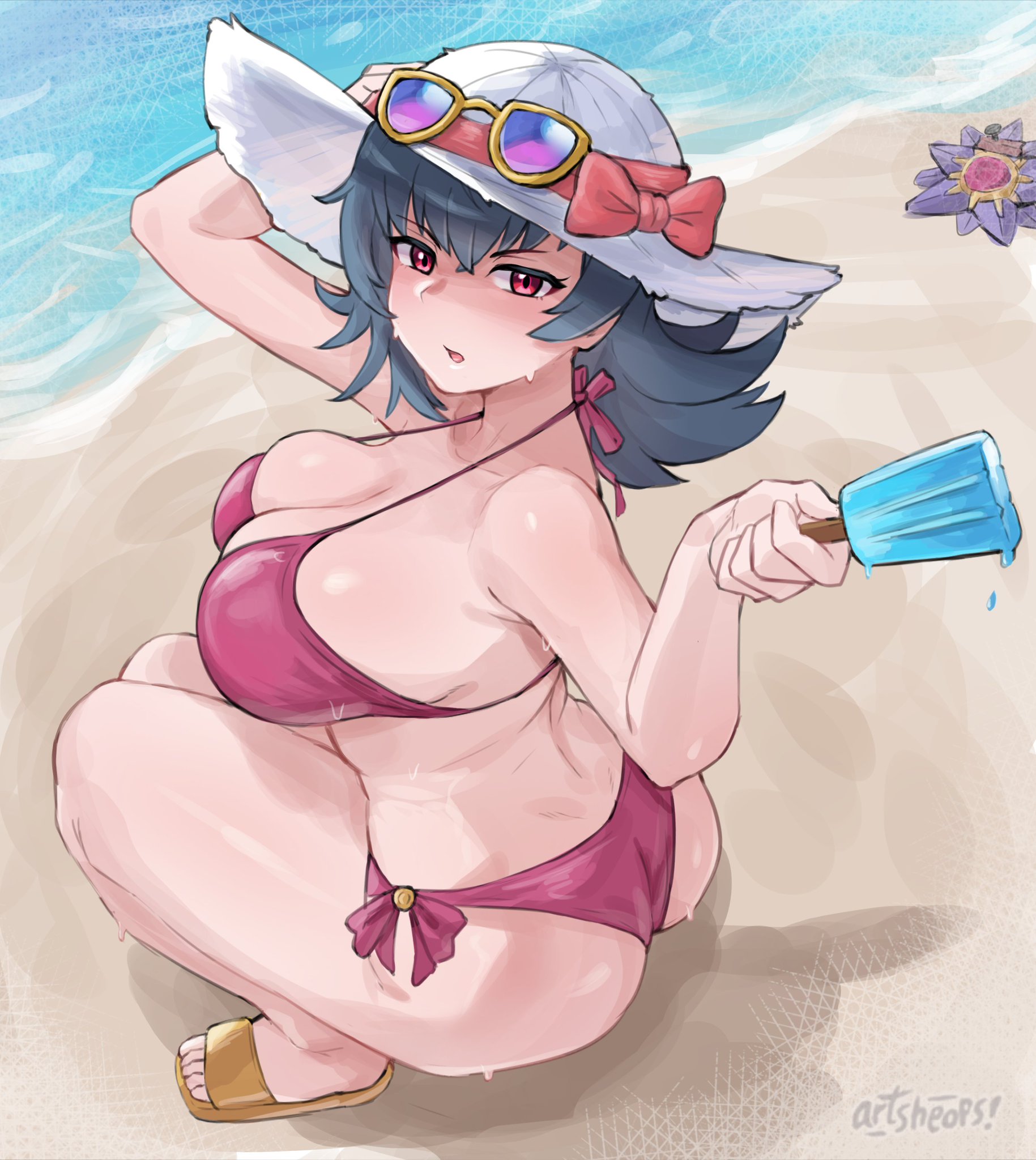 1girls, artsheops, ass, beach, big breasts, bikini, blue hair, breasts, clothing, feet, female, female only, gym leader, hat, pokemon, pokemon hgss, red eyes, sabrina (pokemon hgss), sabrina (pokemon), starmie, sweat, tagme, thick thighs