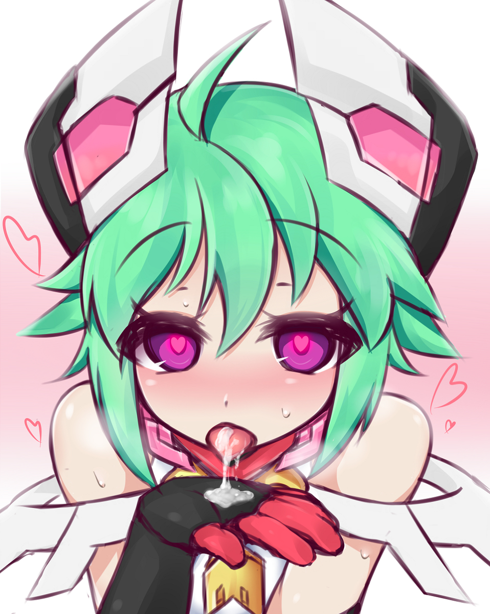 azure_striker_gunvolt azure_striker_gunvolt_2 bare_shoulders blush cum cum_in_mouth elbow_gloves female gloves green_hair headgear heart-shaped_pupils highres kuro_mushi looking_at_viewer open_mouth purple_eyes roro_(gunvolt) short_hair simple_background solo_focus tongue