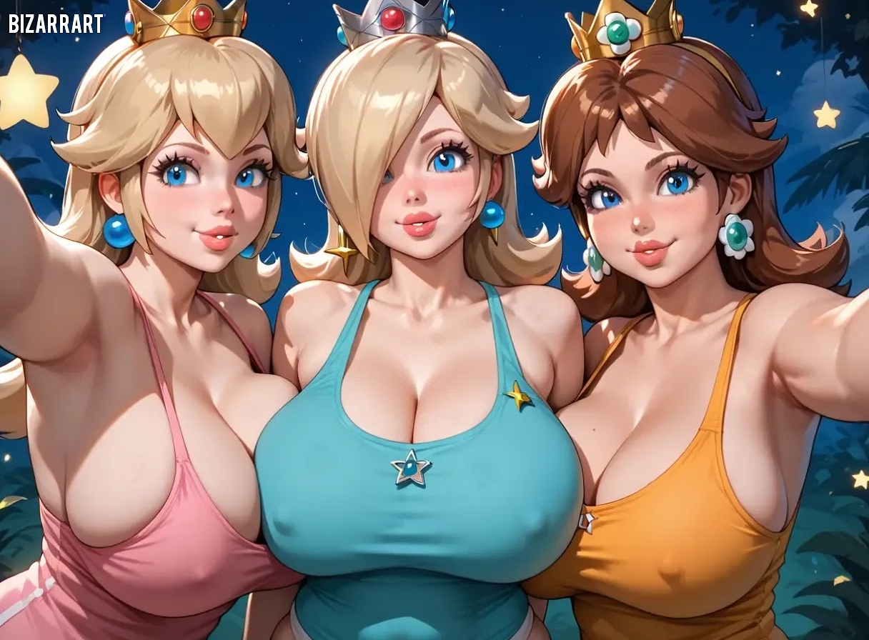 3girls, ai generated, big breasts, bizarrart, breast to breast, breast to breast to breast, breasts, crown, earrings, female, huge breasts, mario (series), nintendo, nipple bulge, princess, princess daisy, princess peach, princess rosalina, royalty, super mario bros.