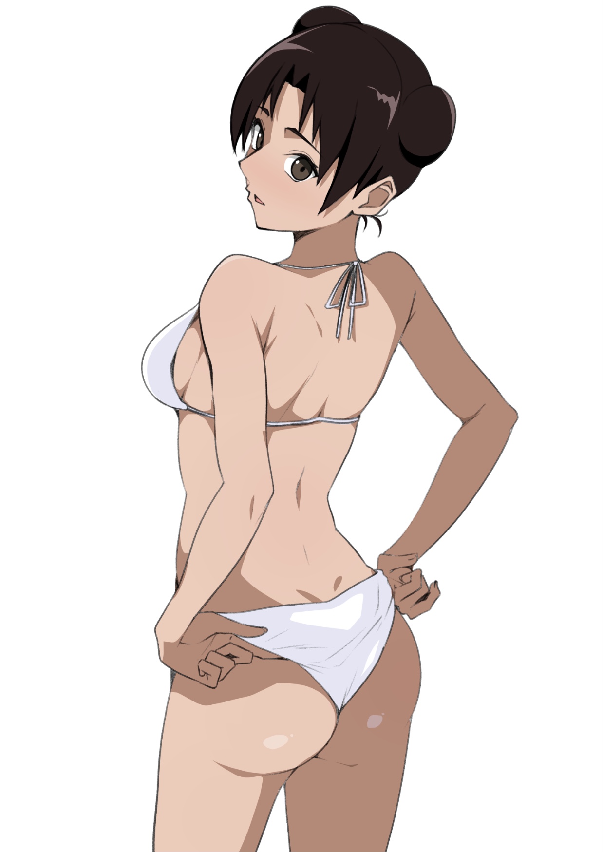 1girls, ass, ass focus, bikini, bikini bottom, bikini top, breasts, brown eyes, brown hair, female, female focus, female only, hair buns, hi res, high resolution, highres, light skin, light-skinned female, lips, lipstick, makeup, monyamonya78, naruto, naruto (classic), naruto (series), pale skin, pale-skinned female, panties, petite, pink lips, pink lipstick, pinup, plain background, pose, posing, presenting ass, presenting butt, shounen jump, simple background, small breasts, solo, solo female, solo focus, standing, swimming, swimsuit, tenten, tied hair, water, white background, white bikini, white bikini bottom, white bikini top, white swimsuit