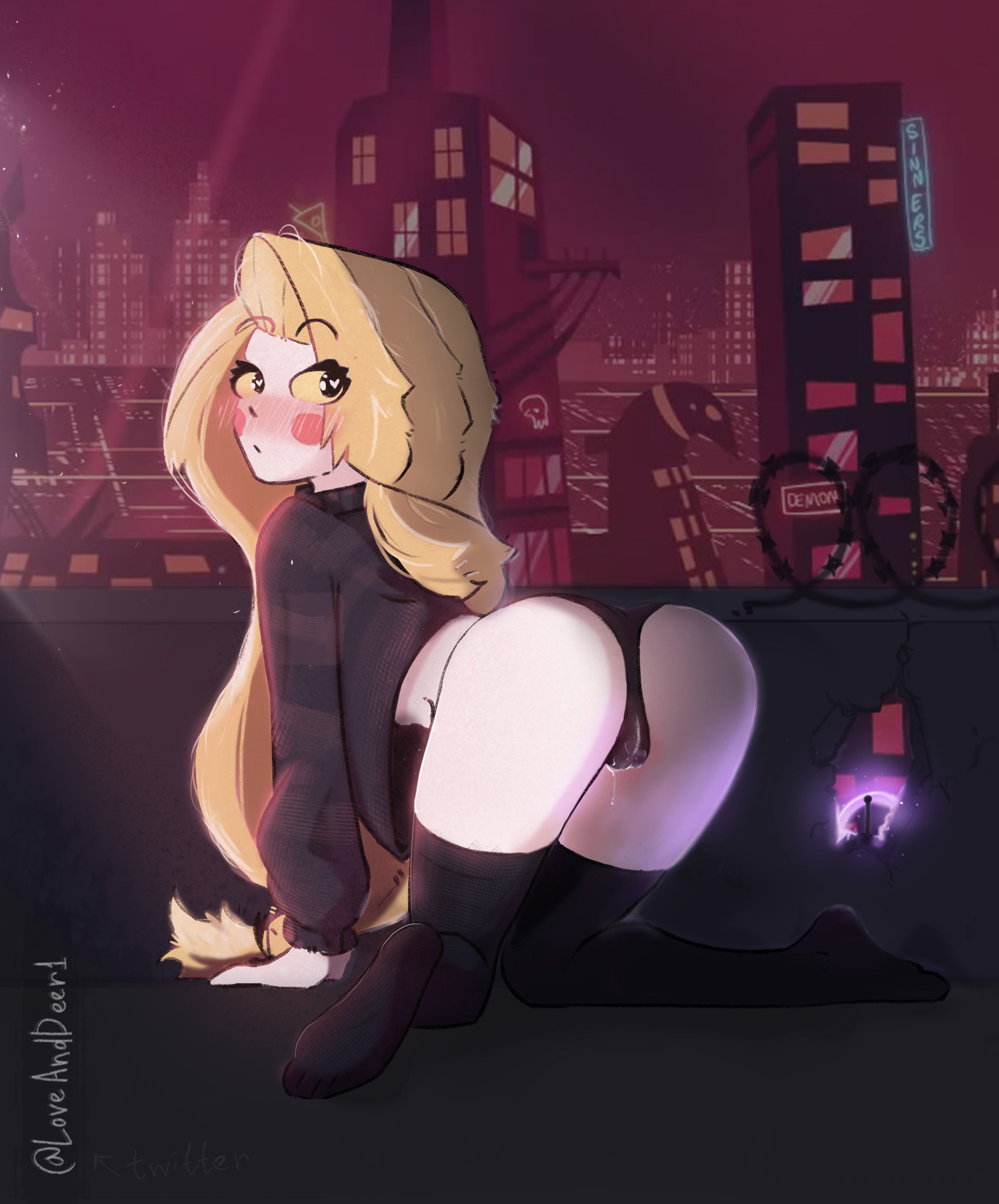 ass, ass focus, blonde hair, charlie morningstar (hazbin hotel), cute, female, hazbin hotel, loveanddeer1, panties, pussy, solo, wet, wet pussy, white body