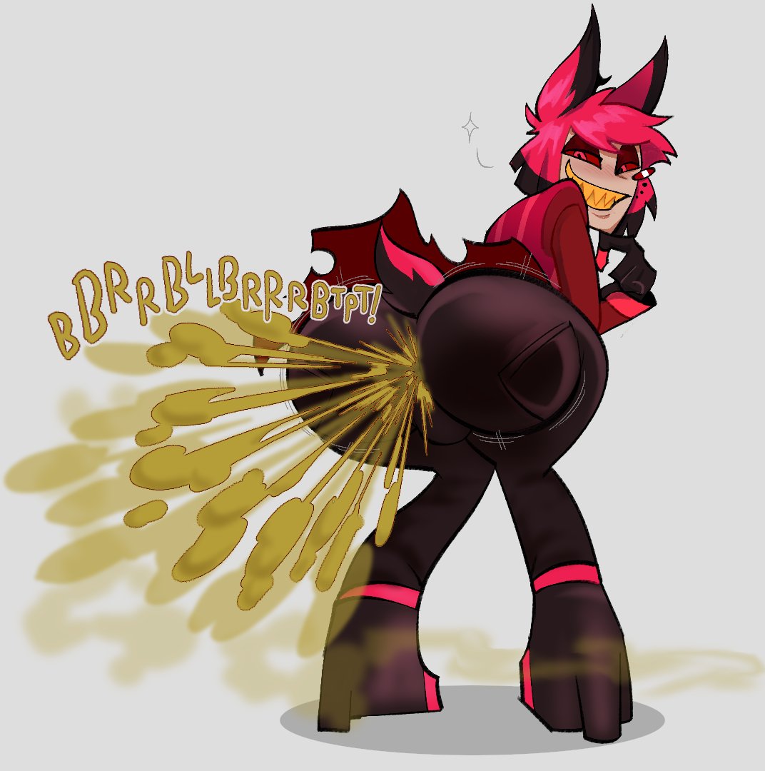 1boy, alastor (hazbin hotel), ass, big ass, big butt, blush, fart, fart cloud, fart fetish, farting, fat ass, fat butt, fully clothed, hazbin hotel, huge ass, huge butt, looking back, lordsofgross (artist), male, male only, red eyes, red hair, solo, tail, text, thick ass, thick butt