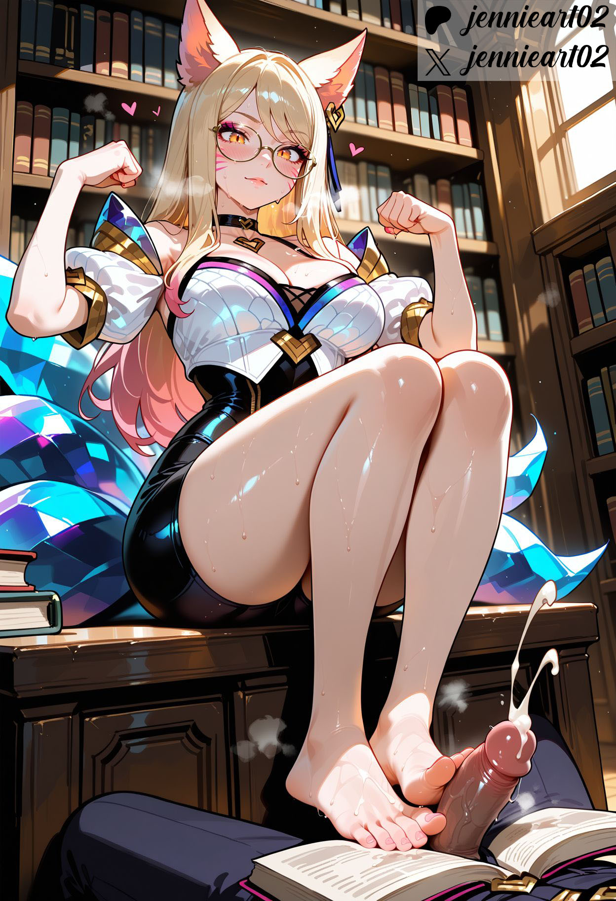 1boy 1girl 1girls ahri ahri_(league_of_legends) ai_generated animal_ear_fluff animal_ears ashikoki balls bangs bare_shoulders barefoot black_choker blonde_hair blush book bookshelf breasts chair choker cleavage closed_mouth clothing crystal cum desk dress ejaculation erection eyewear facial_mark feet female footjob fox_ears fox_tail genital_fluids glasses heart indoors jennieart02 jewelry k/da_(league_of_legends) k/da_ahri k/da_all_out_ahri k/da_all_out_series k/da_series large_breasts league_of_legends legs lips long_hair male multicolored_hair nipples nude original patreon patreon_logo patreon_username penis projectile_cum riot_games round_eyewear semen shirt sitting skirt slit_pupils smile soles solo_focus straight sweat tail testicles thighs toenails toes twitter twitter_username two-footed_footjob watermark whisker_markings window yellow_eyes