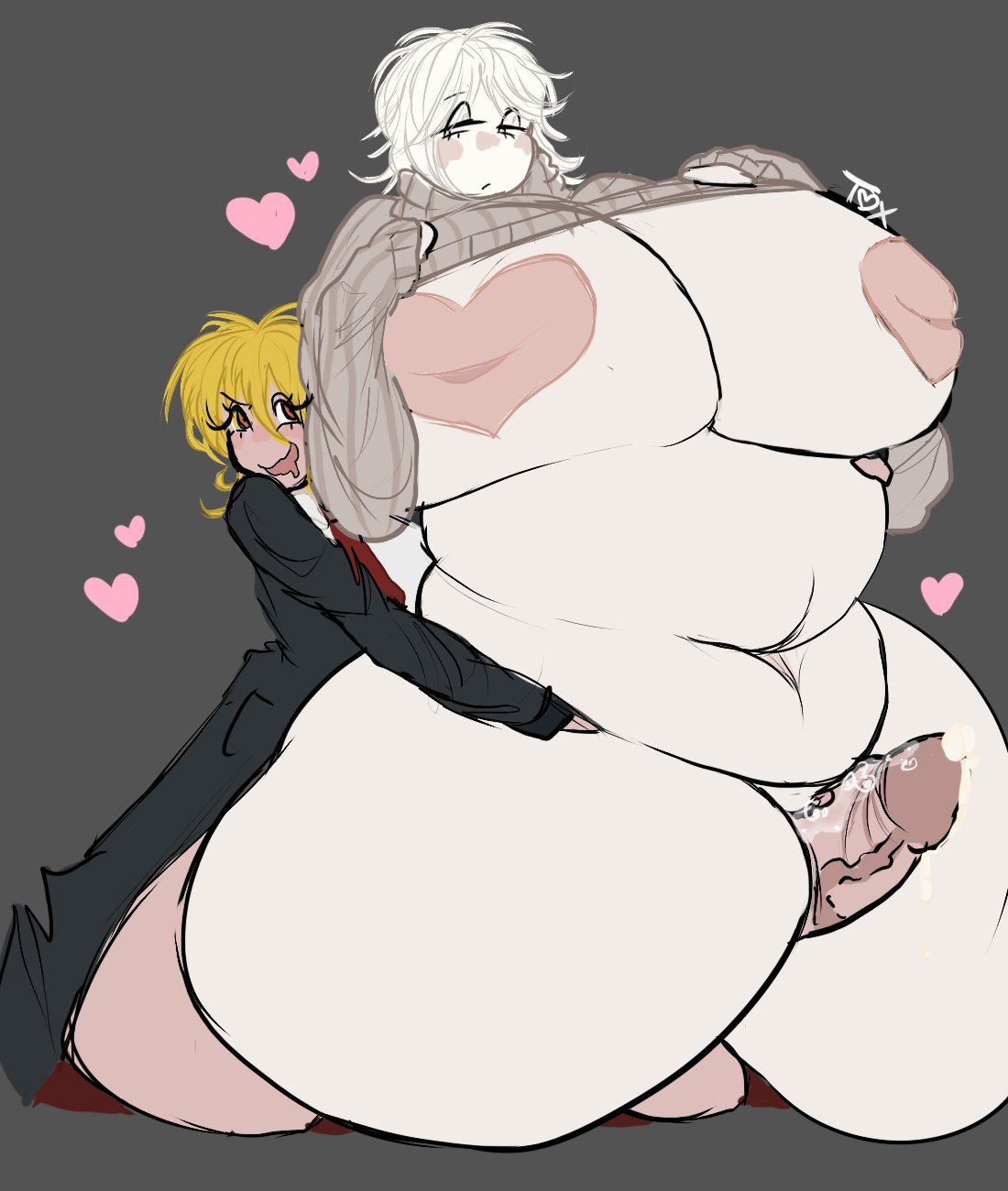 1futa, 1girls, bigger female, blush, bored expression, breasts, chubby, chubby female, don quixote (limbus company), drooling, faust (limbus company), female, heart, hearts around head, huge breasts, huge cock, hyper, hyper breasts, hyper penis, limbus company, male, nipple covers, penis, precum, project moon, toxundercover, veiny penis