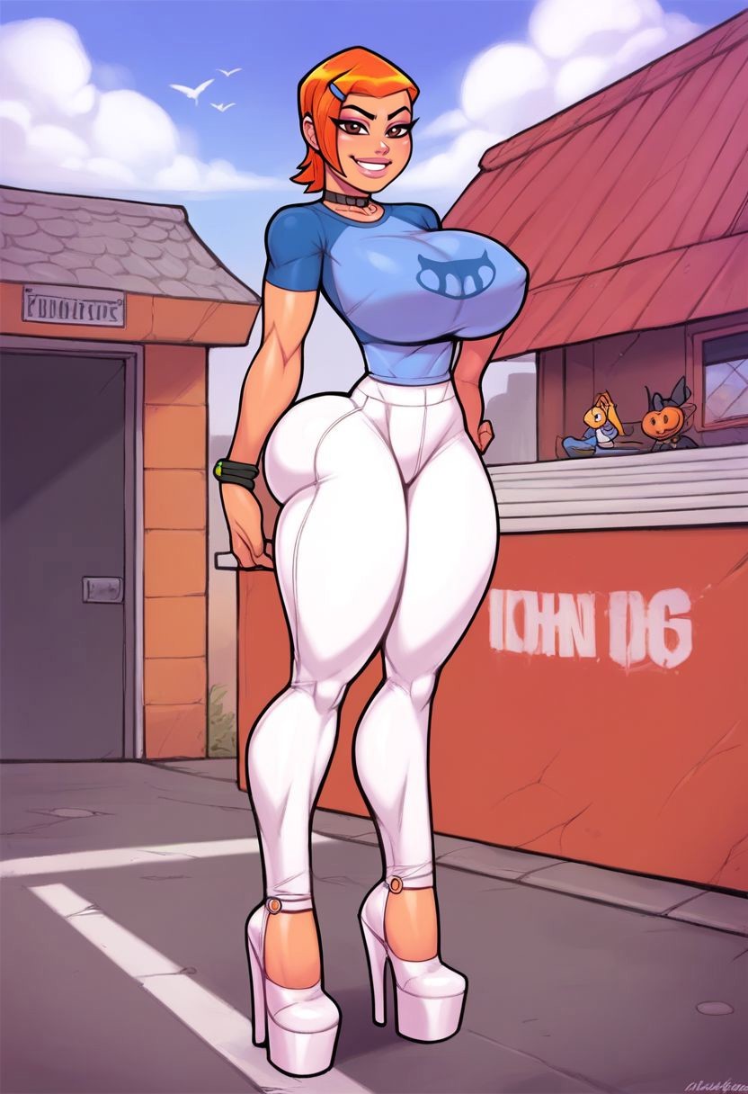 1girls, ai generated, ass, ben 10, big ass, big breasts, bimbo, breasts, civitai, female, full body, fully clothed, fully clothed female, gwen tennyson, high heels, light skin, light-skinned female, orange hair, outdoors, platform heels, short hair, smile, solo, standing, tagme, thick thighs, totallynotafurry789, voluptuous, wide hips