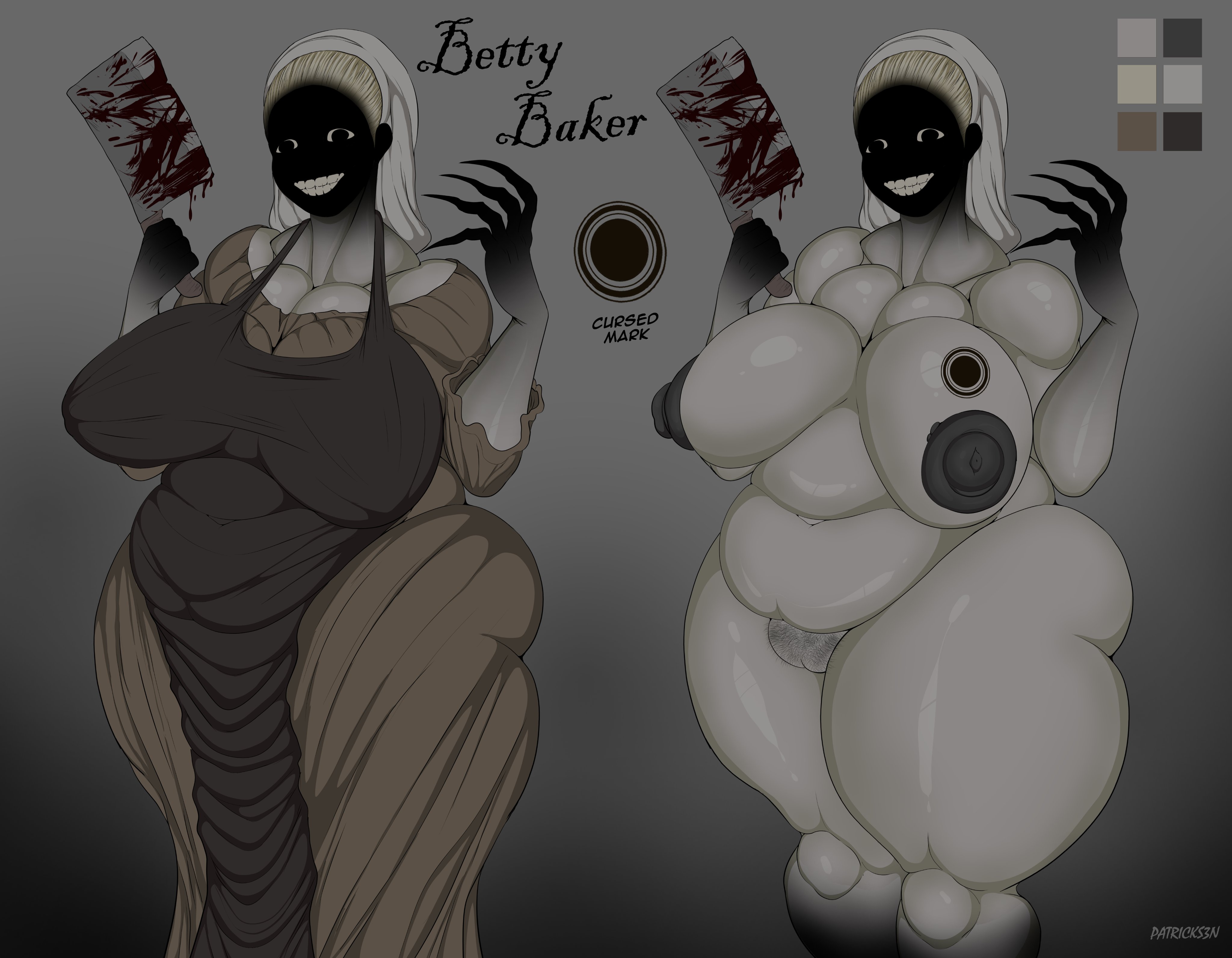 1girls, areolae, ass, betty baker (patricks3n), big areola, big ass, big breasts, big butt, blonde hair, blood, blood on weapon, breasts, breasts bigger than head, bubble butt, character sheet, chubby, chubby female, claws, cleaver, clothing, cursed, curvaceous, curvy, curvy figure, english text, erect nipples, female, female only, fully clothed, hairy pussy, huge ass, huge breasts, monster girl, nightmare waifu, nude, patricks3n, plump, possessed, pubic hair, pussy, sharp claws, smile, solo, solo female, text, thick thighs, voluptuous, voluptuous female, weapon, wide hips