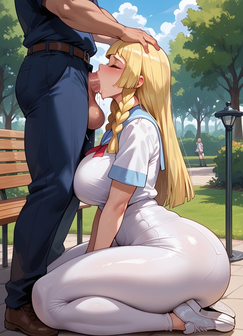 age difference, ai generated, arched back, ass, balls, balls deep, blonde hair, blowjob, closed eyes, cum in mouth, deepthroat, fellatio, female, forced deepthroat, forced fellatio, forced oral, hand on head, kneeling, large ass, lillie (pokemon), looking at partner, looking up, male, oral, orgasm, outdoors, outside, park, park bench, penis, pokemon, pokemon professor, pushing head, school uniform, schoolgirl, schoolgirl uniform, skirt, submissive, sucking penis, thick ass, thick thighs