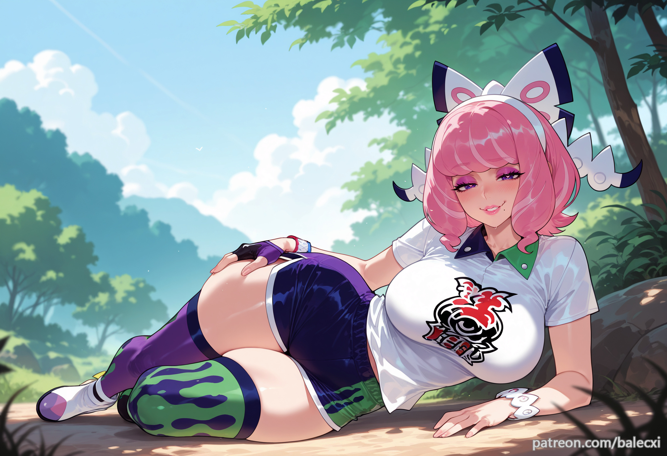 ai generated, balecxi, bow, bracelet, breasts, collared shirt, day, drill hair, female, flipped hair, gloves, hairband, klara (pokemon), large breasts, looking at viewer, lying, makeup, mole, mole under mouth, on side, outdoors, patreon username, pink eyeshadow, pink hair, pink lips, pokemon, pokemon ss, print shirt, purple eyes, short hair, short sleeves, shorts, single glove, smile, solo, thighhighs, tree, twin drills