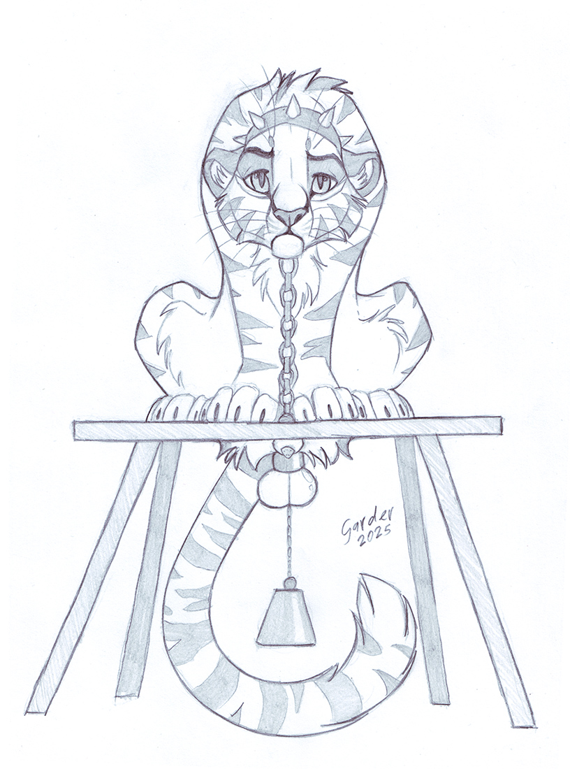2025 anatomically_correct anatomically_correct_genitalia animal_genitalia animal_penis ball_stretcher ball_tugging balls bondage bound chained chains cheek_tuft claws cock_and_ball_torture collar distressed facial_tuft felid feline_genitalia feline_penis feral fur furniture gard3r genital_torture genitals glory_hole graphite_(artwork) half-erect male mammal monochrome on_table pantherine paws penis penis_tip quadruped restrained restraints sheath signature solo spiked_collar spikes striped_body striped_fur stripes table tail tiger traditional_media_(artwork) tuft whiskers