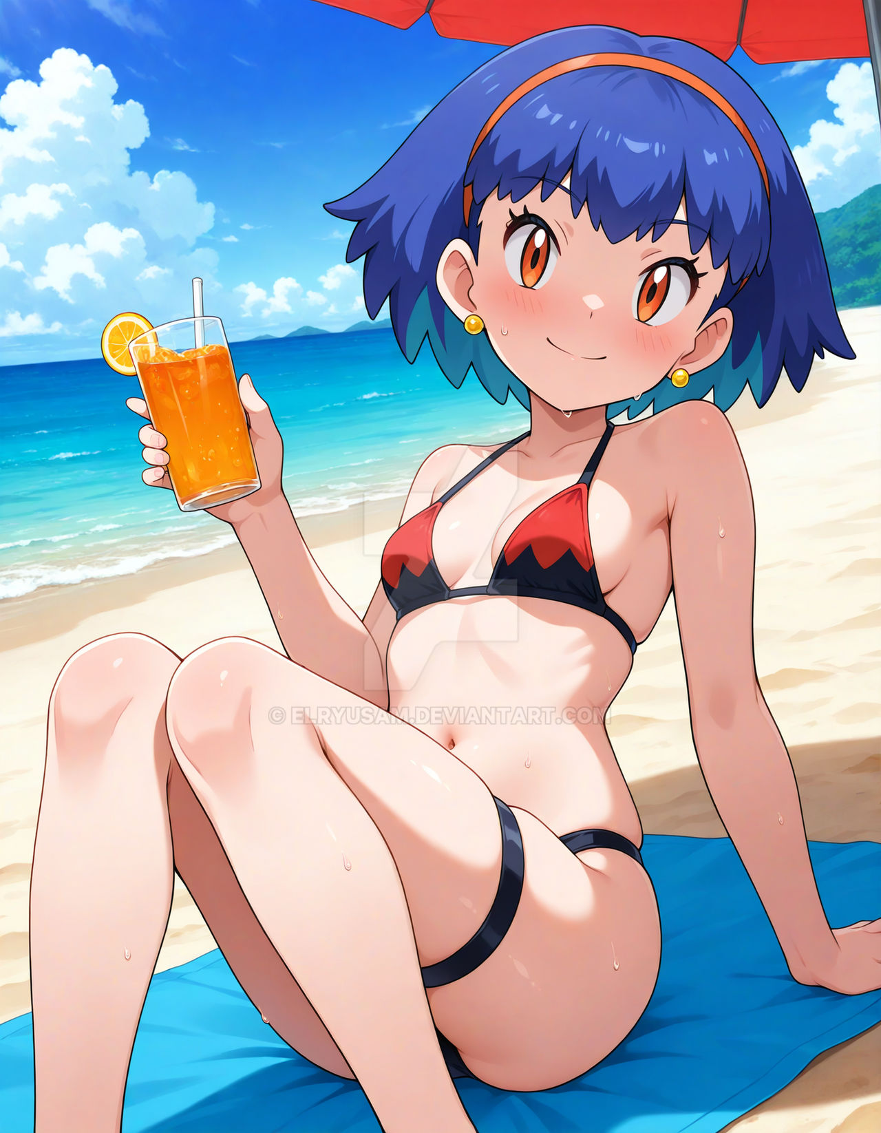 2025, 4kids entertainment, ai generated, anime, beach, beach towel, belly, bikini, black and red bikini, black eyebrows, black legwear, blue-haired female, deviantart, elryusam, eyebrows visible through hair, female, hand on towel, holding cup, holding drink, holding drinking glass, meta, miette (pokemon), nintendo, not porn, orange eyes, pink cheeks, pokemon, sitting on towel, sky background, tummy, wet bikini, wet body, wet skin, yellow earrings
