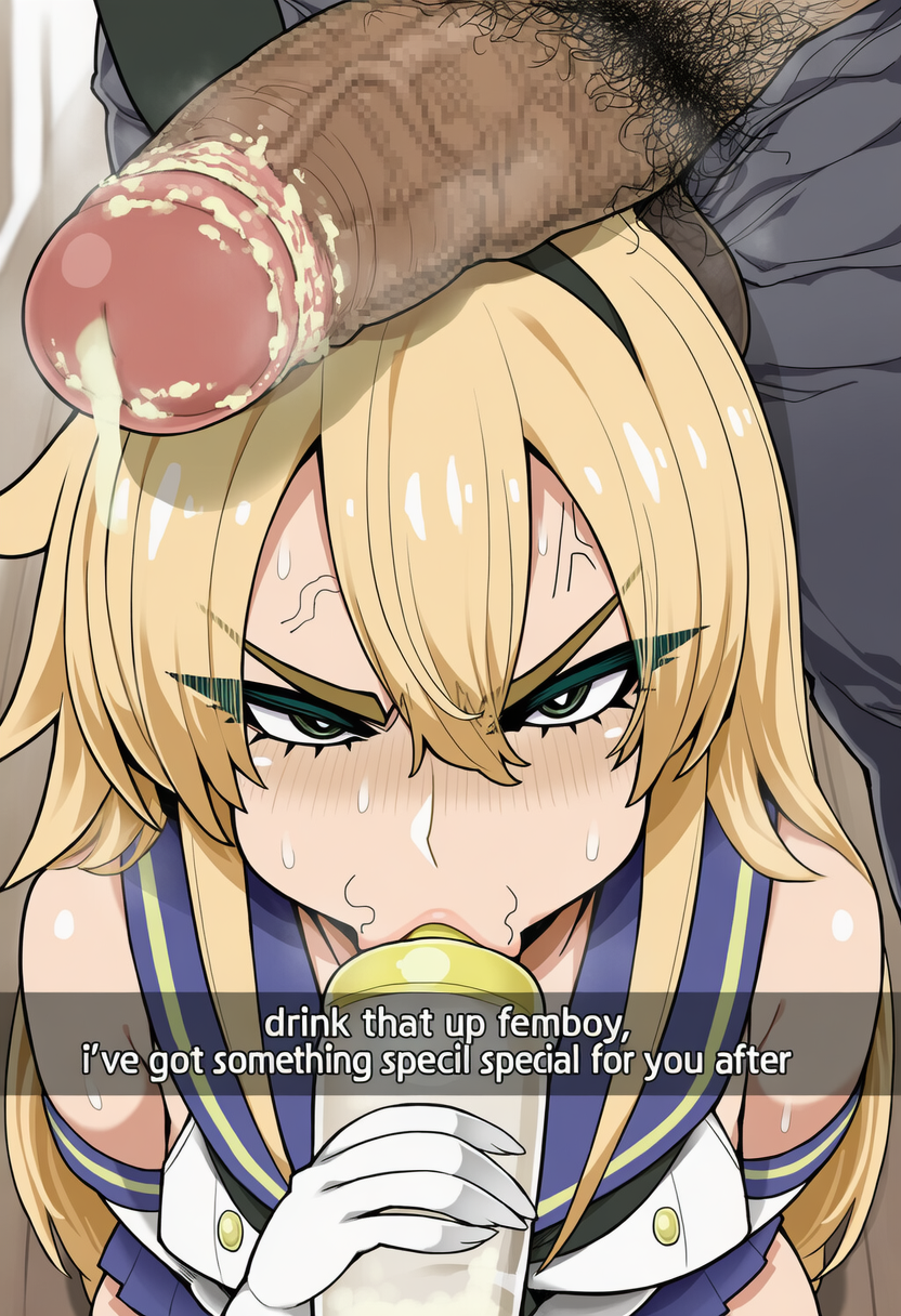 1boy ai_generated baby_bottle blonde_hair blush bottle bustybunz commentary_request cum cum_drinking cum_eating cum_in_mouth cum_on_head cum_swallowing eyeliner femboy furrowed_brows gloves gokkun green_eyes large_penis long_hair penis penis_on_head sailor_fuku school_uniform semen shimakaze-kun smegma snapchat stray_pubic_hair sweat sweatdrop tagme thick_cum white_gloves