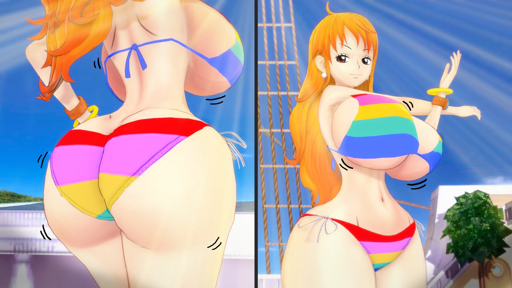 3d (artwork), albyon, big breasts, bikini, breasts, clothing, female, female only, nami (one piece), one piece, one piece: glorious island, orange hair, rainbow bikini, shonen jump, tagme