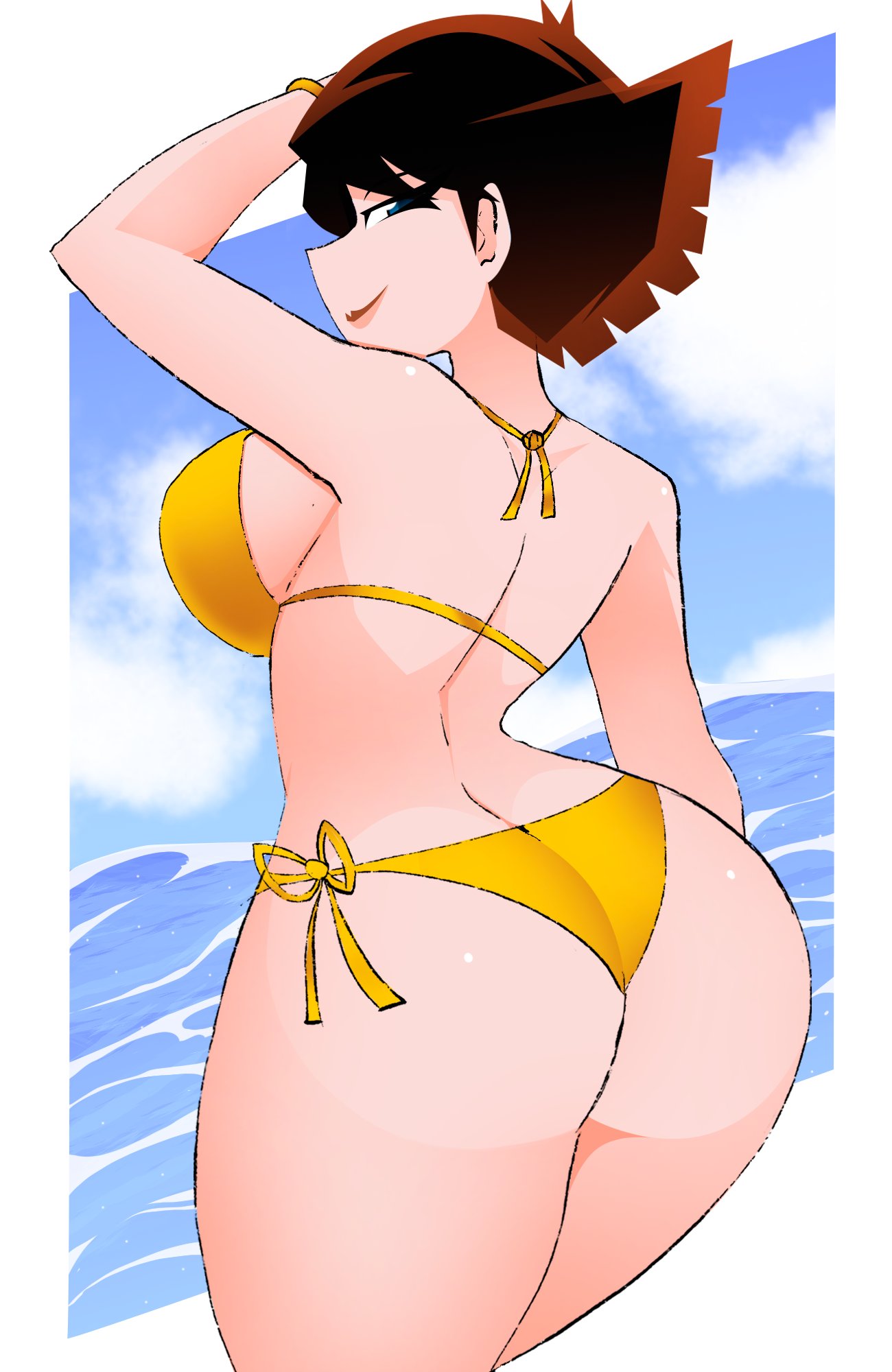 1girls, ass, ass focus, avengers, janet van dyne, looking at another, looking at viewer, looking back, marvel, swimsuit, the avengers, the avengers: earth's mightiest heroes, wasp (earth's mightiest heroes), wasp (marvel), xan (artist)