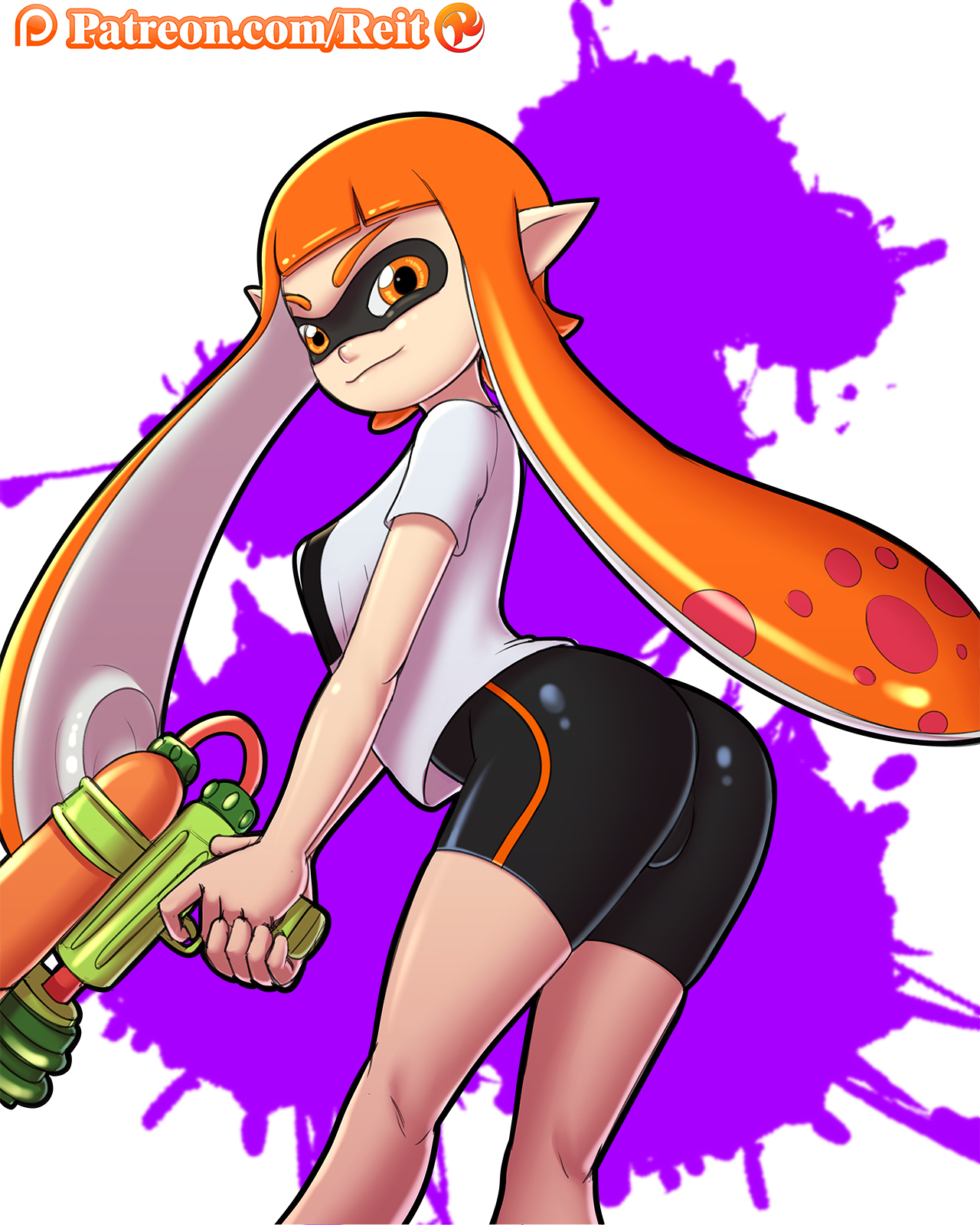 anthro, ass, bike shorts, breasts, cephalopod, cephalopod humanoid, clothed, female, gun, humanoid, ink, inkling, inkling girl, kaori (splatoon), looking at viewer, mask (marking), nintendo, orange eyes, orange hair, pointy ears, reit, splatoon, splattershot, squid, tentacle, tentacle hair, weapon