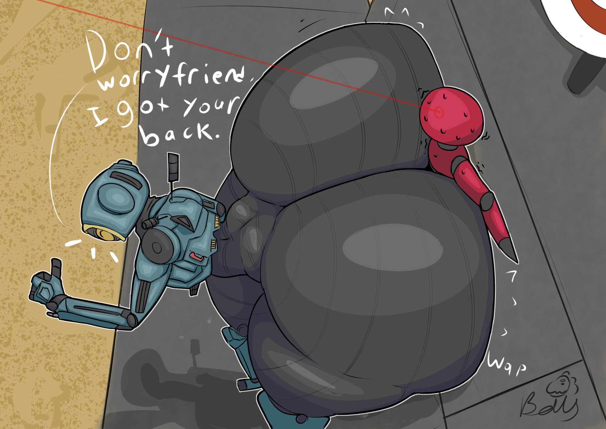 2d (artwork), against wall, apex legends, ass, ass focus, background, bellyboi13, bottom heavy, bubble ass, bubble butt, dialogue, dummy, gay, male, non-human, pathfinder (apex legends), robot, thick ass, thick thighs