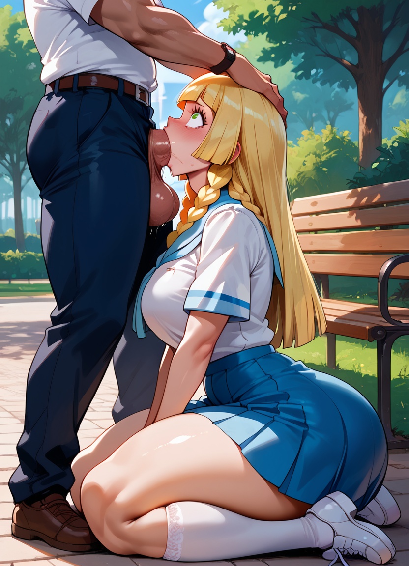 age difference, ai generated, arched back, ass, balls, balls deep, blonde hair, blowjob, cum in mouth, deepthroat, fellatio, female, forced deepthroat, forced fellatio, forced oral, hand on head, kneeling, large ass, lillie (pokemon), looking at partner, looking up, male, oral, orgasm, outdoors, outside, park, park bench, penis, pokemon, pokemon professor, pushing head, school uniform, schoolgirl, schoolgirl uniform, skirt, submissive, sucking penis, thick ass, thick thighs, worried