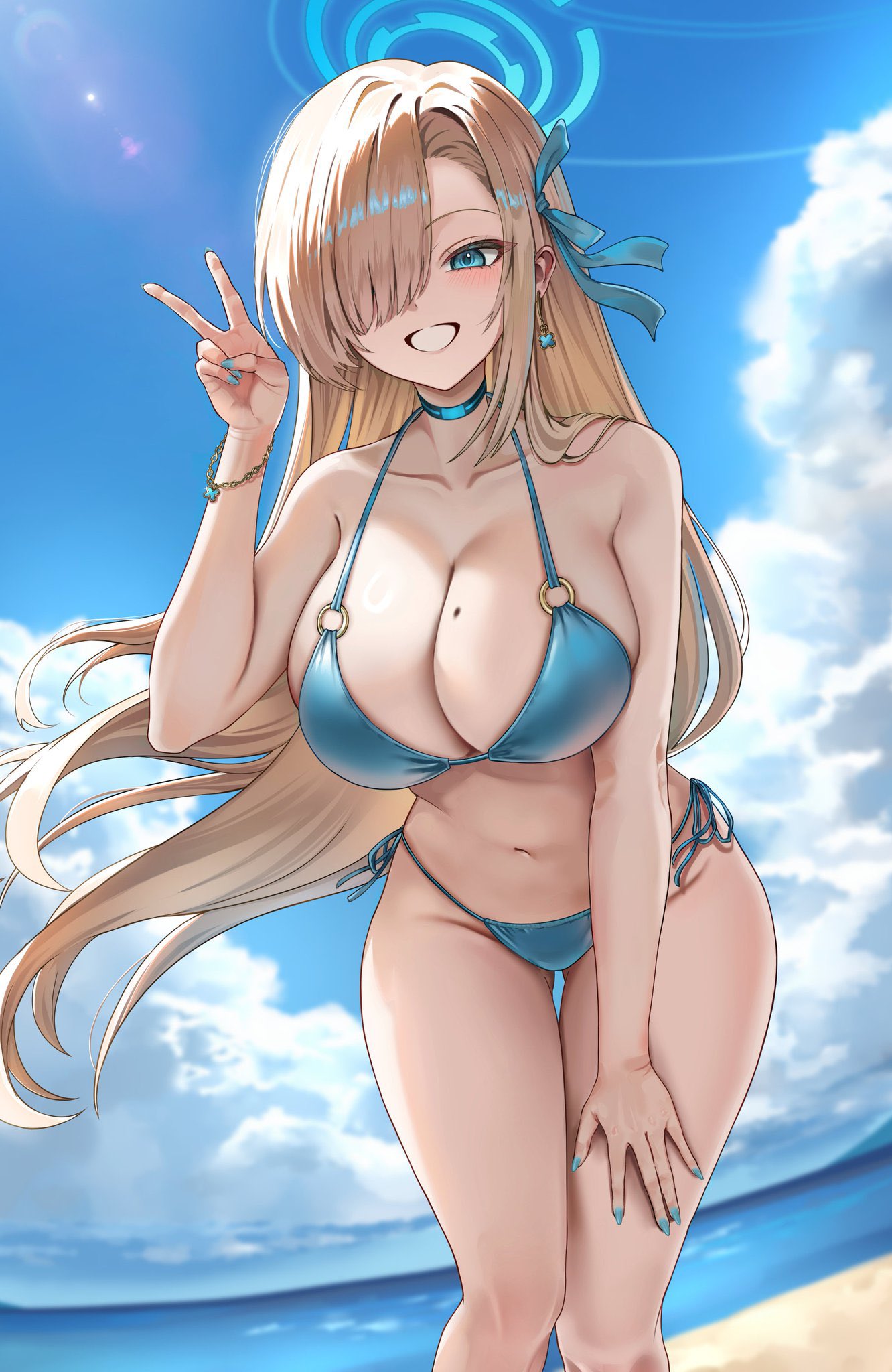 1girls, 2d, 2d (artwork), alternate costume, artist request, asuna (blue archive), beach, beach background, belly button, big breasts, bikini, bikini bottom, bikini top, blonde hair, blue archive, blue bikini, blue bikini bottom, blue eyes, blue nails, blue swimsuit, breasts, cleavage, clouds, covered nipples, day, female, female focus, female only, front view, hair over one eye, high resolution, highres, huge breasts, light skin, light-skinned female, long hair, looking at viewer, mole, mole on breast, ocean, outdoors, sexy, sky, slim female, smiling, smiling at viewer, solo, solo female, solo focus, standing, summer, swimsuit, thong, thong bikini, two piece swimsuit, voluptuous, voluptuous female, water, young, younger female