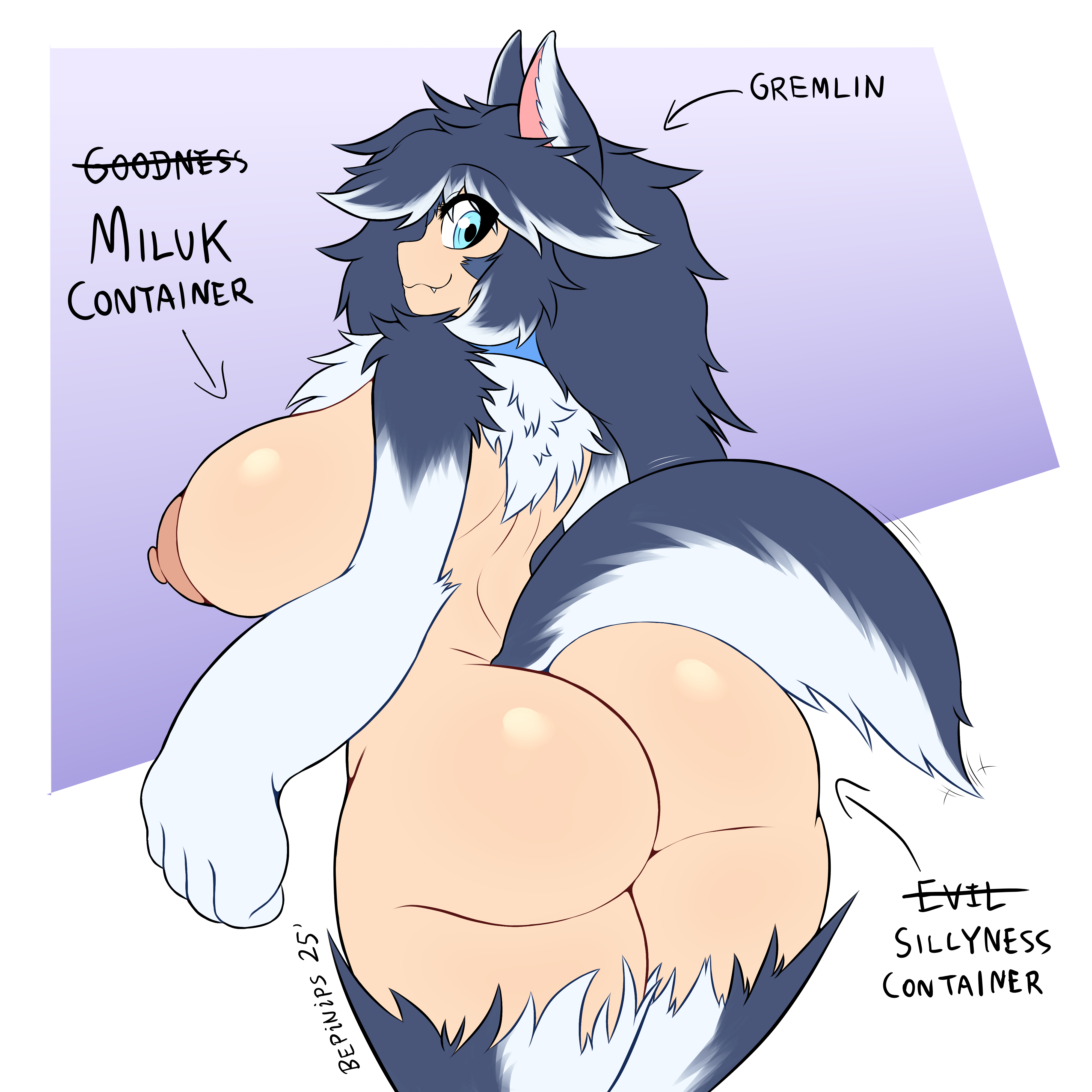 1:1, absurd res, animal humanoid, areola, ass, bepinips, big breasts, big butt, big hands, biped, blue body, blue eyes, blue fur, blue hair, breasts, canid, canid humanoid, canine, canine humanoid, canis, domestic dog, evil container, fangs, female, fur, fur markings, glistening, glistening body, hair, hi res, humanoid, husky, hybrid, light body, light skin, looking at viewer, looking back, mammal, mammal humanoid, markings, maya (bepinips), mouth closed, multicolored body, multicolored fur, multicolored hair, nipples, nordic sled dog, nude, pupils, side boob, smile, solo, spitz, teeth, thick thighs, three-quarter view, two tone body, two tone fur, two tone hair