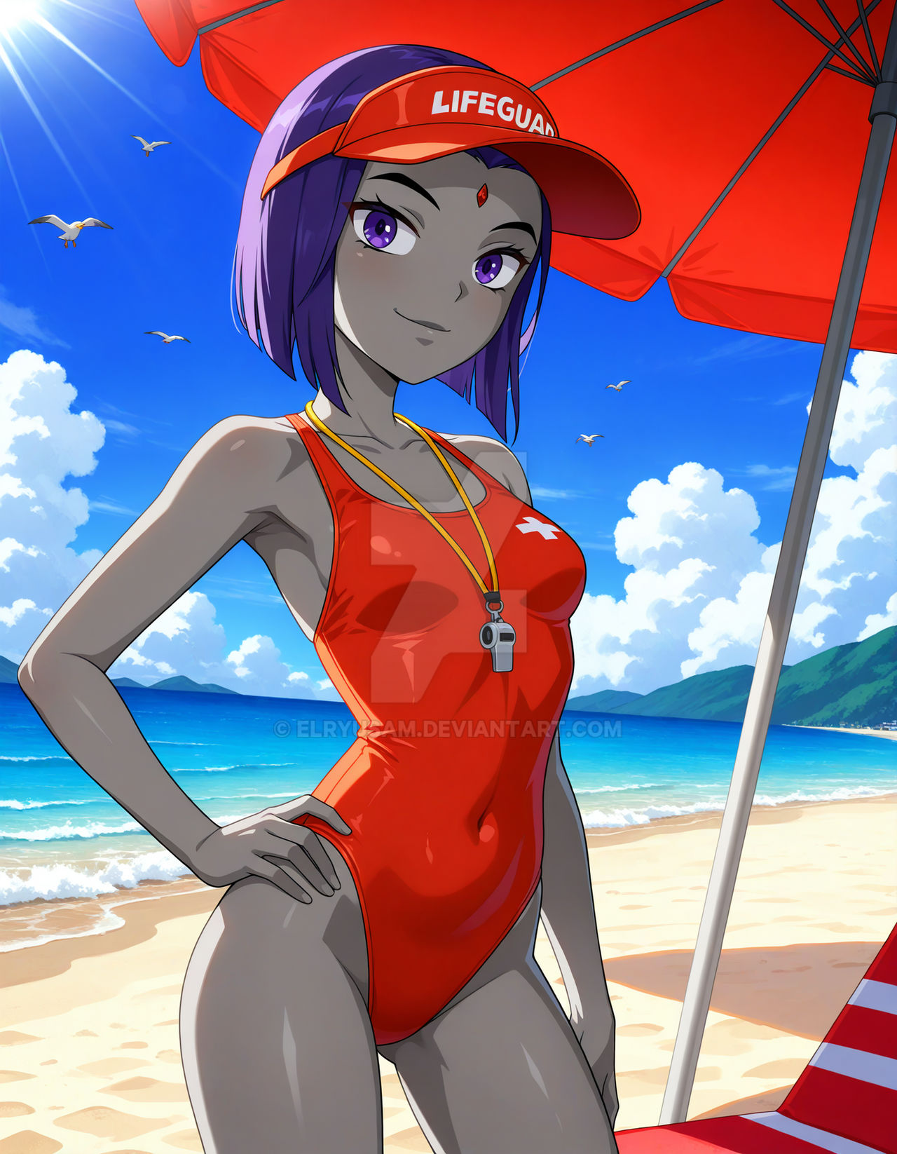 2025, ai generated, beach, beach chair, beach towel, black eyebrows, cartoon network, dc, dc comics, deviantart, elryusam, female, forehead jewel, grey body, grey lipstick, grey skin, hand on hip, jewel on forehead, lifeguard hat, lifeguard swimsuit, meta, not porn, purple eyes, purple-haired female, raven (dc), raven (teen titans), red cheeks, sky background, teen titans, whistle around neck