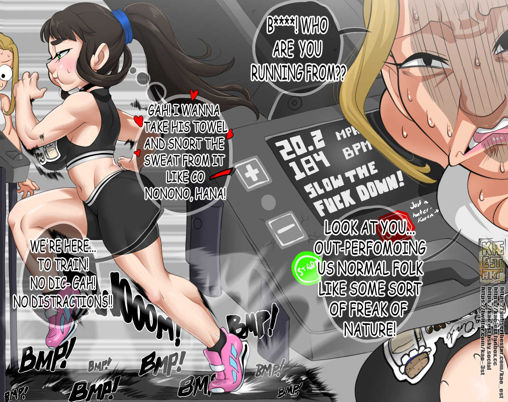 2girls, athletic, athletic female, black hair, black sports bra, bouncing breasts, breasts, choker, fast, female, female pervert, female pov, fuda hana (kae-est art), green eyes, gym, kae-est art, long hair, multiple females, multiple girls, muscular, muscular thighs, original, pantylines, ponytail, pov, running, scared, shorts, sneakers, solo focus, sports bra, thick thighs, thought bubble, tight clothing, yandere