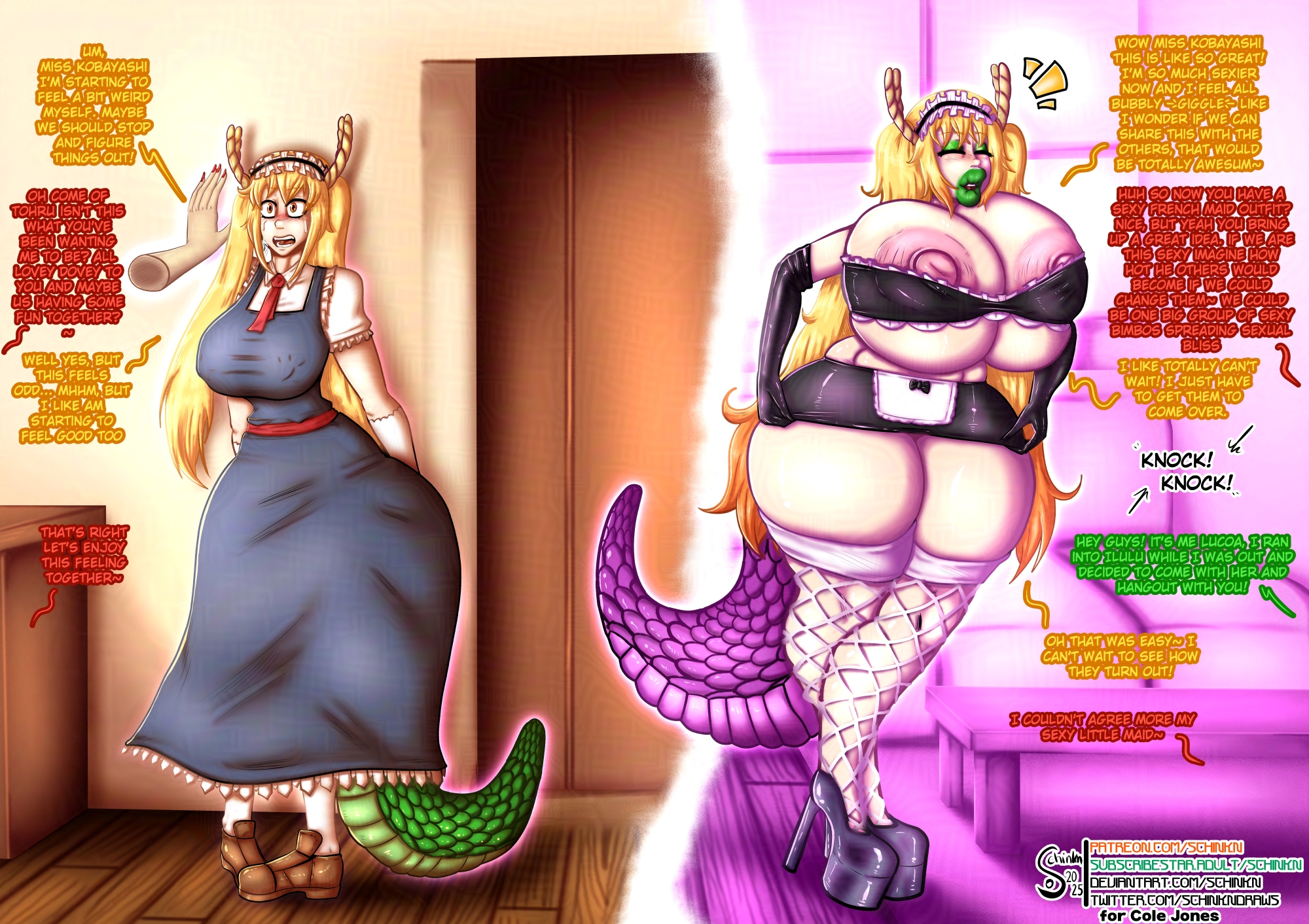 ass, ass expansion, bimbo, bimbo lips, bimbofication, bimbofication sequence, brain drain, breast expansion, breast growth, breast growth (enlargement), breasts, english text, female, female only, fishnets, french maid, high heels, huge ass, huge breasts, kobayashi, maid, maid headdress, maid outfit, maid uniform, miss kobayashi's dragon maid, patreon url, platform heels, schinkn, subscribestar url, text, tohru (dragon maid), transformation, url
