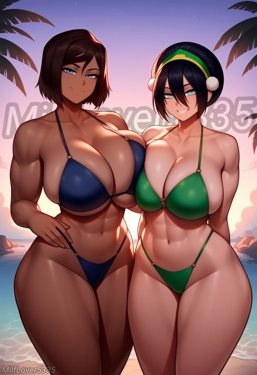 2d, 2girls, aged up, ai generated, alternate breast size, avatar the last airbender, beach, big breasts, bikini, black hair, black-haired female, blind, blind girl, blue bikini, blue clothes, blue clothing, blue eyes, blue-eyed female, bolt on tits, breast implants, breasts, clothed, clothed female, curvaceous, curvy, curvy female, curvy figure, dark skin, dark-skinned female, enhanced breasts, fake breasts, female, female only, green bikini, green clothes, green clothing, happy, happy female, korra, large boobs, large breasts, light skin, light-skinned female, looking at viewer, milflover5335, multiple females, multiple girls, nickelodeon, silicone, silicone implants, smile, smiling, smiling at viewer, the legend of korra, thick thighs, time paradox, tomboy, toph bei fong