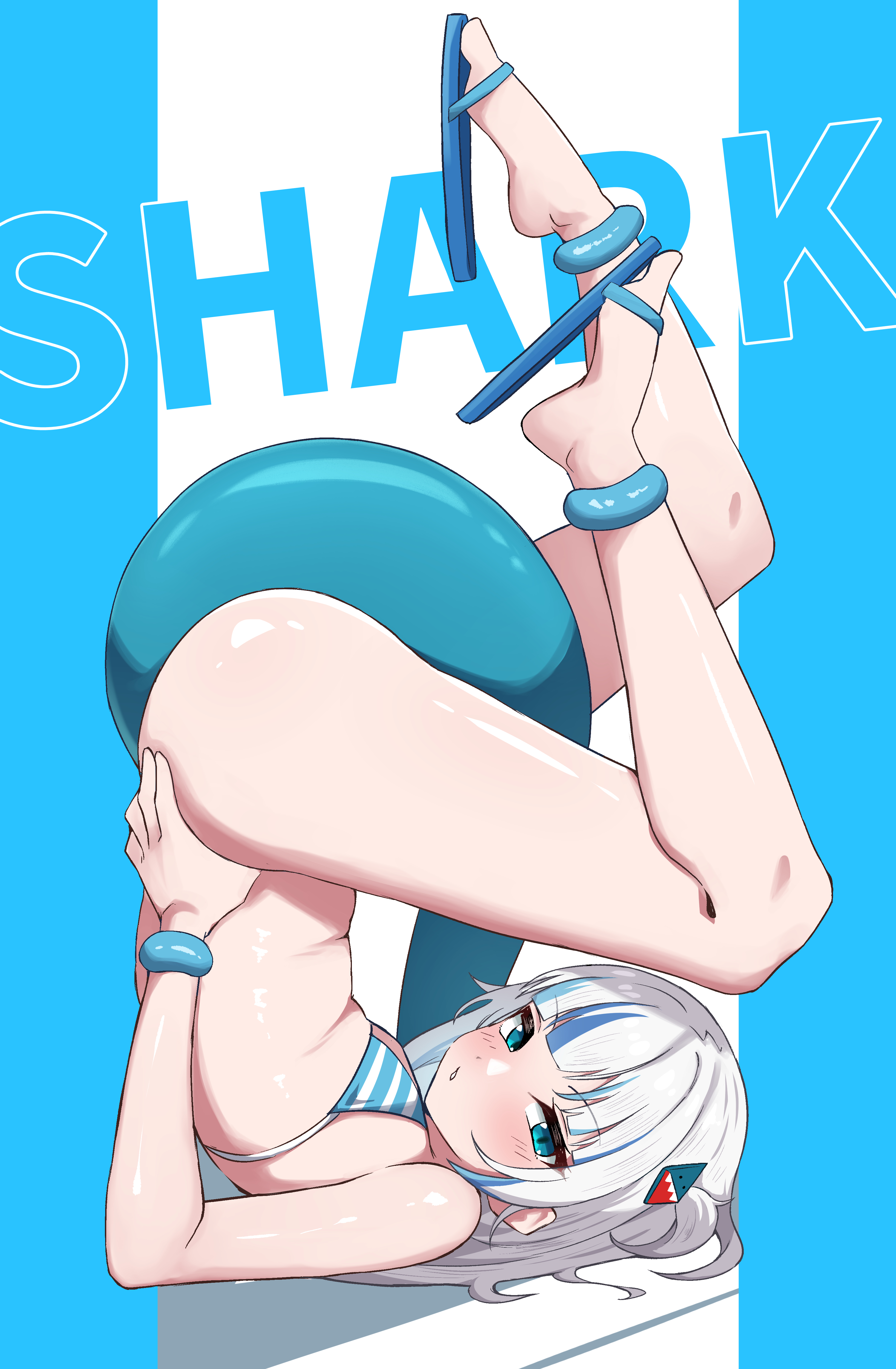 1girls, anklet, bikini top, blue eyes, blue hair, blush, bottomless, bracelet, female, flat chest, flip flops, full body, gawr gura, hairclip, hashira 14, hololive, hololive english, hololive myth, long hair, sandals, shark girl, shark tail, solo, solo female, striped bikini top, tail, two-tone hair, virtual youtuber, white hair