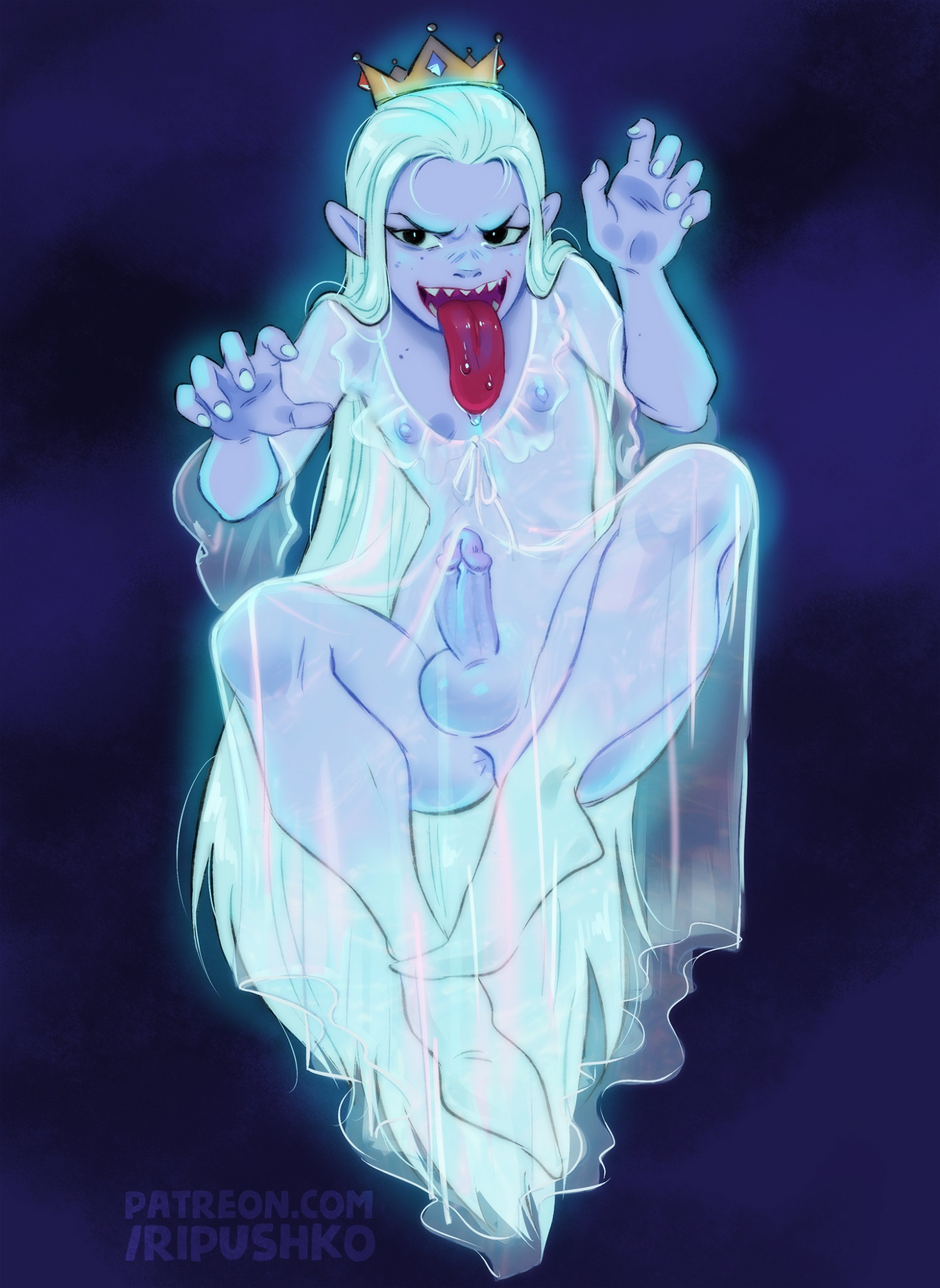 2d, 2d (artwork), anus, anus peek, bodily fluids, boo (mario), clothing, crown, drooling, erection, femboy, ghost, hair, headgear, hi res, humanoid, humanoid pointy ears, king boo, long tongue, luigi's mansion, male, male only, mario (series), mario bros, mostly nude, mostly nude humanoid, mostly nude male, nightgown, nintendo, nipples, pale skin, pointy ears, ripushko, saliva, solo, spirit, tongue, tongue out, translucent, translucent clothing, white hair