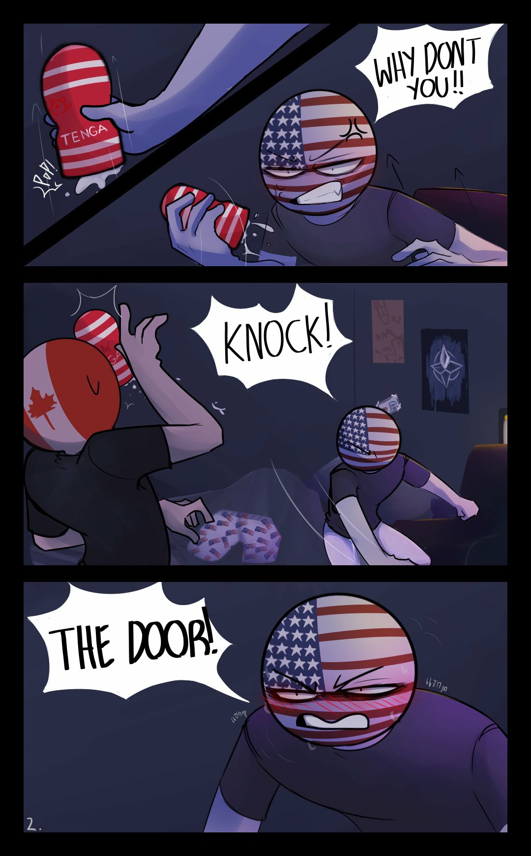 canada (countryhumans), caught masturbating, countryhumans, gay, gay male, male, male only, male/male, masturbation, pants down, partially clothed, sex toy, tenga, throwing object, united states of america (countryhumans), yaoi