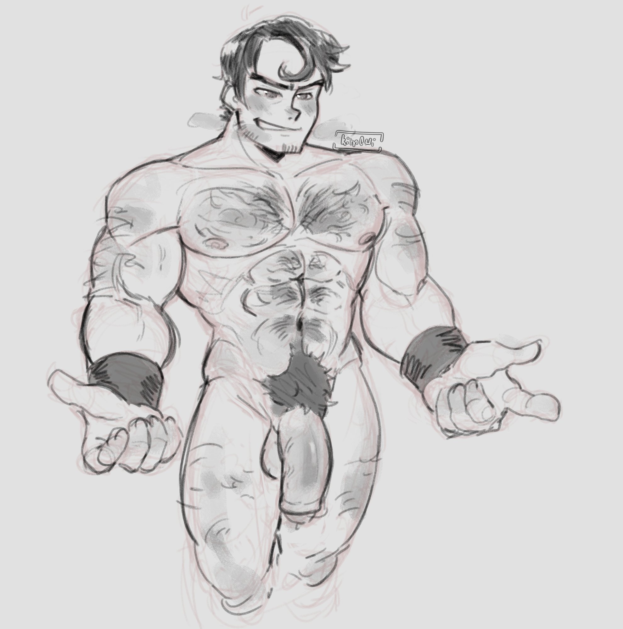 bara, beowulf (skullgirls), flaccid, flaccid penis, hair, hairy, hairy chest, hairy male, male, male only, muscular, muscular chest, muscular male, penis, pubes, yaoi