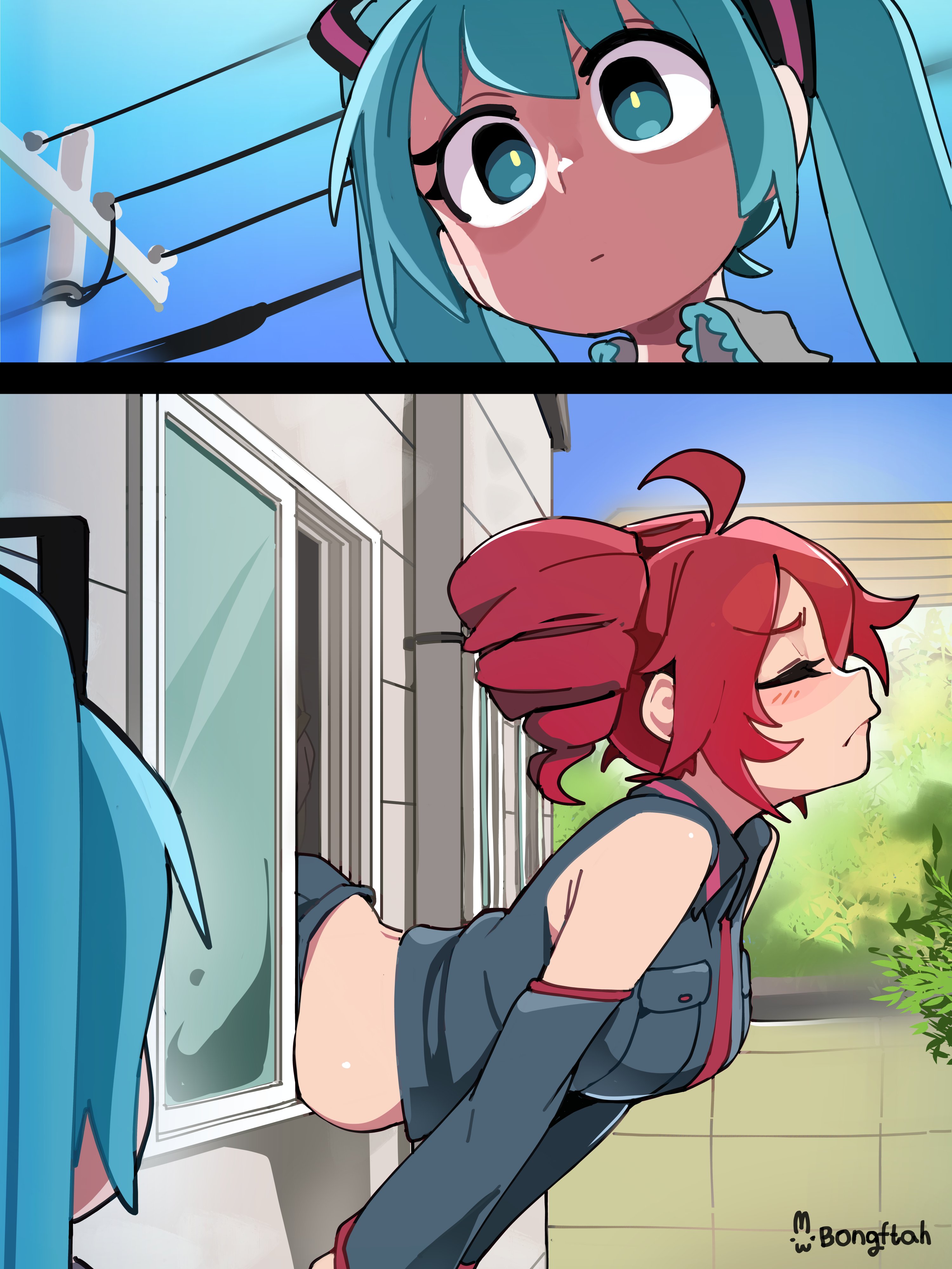 2d, 2d artwork, 2girls, ahoge, aqua eyes, aqua hair, backyard, bare shoulders, belly exposed, big belly, black sleeves, blue hair, blush, blushing, bongfillstudent, bongftah, breasts, chubby, chubby female, closed eyes, closed mouth, comic, day, daytime, detached sleeves, digital art, digital drawing (artwork), digital media, digital media (artwork), doggy style, drill hair, exposed belly, fatass teto, female, grey shirt, hair ornament, hatsune miku, house, implied sex, kasane teto, long hair, manga panel redraw, multiple girls, open window, outdoors, outside, red hair, shirt, skirt, sleeveless, sleeveless shirt, standing sex, stare, thousand yard stare, twin drills, twintails, utau, utility pole, vocaloid, window