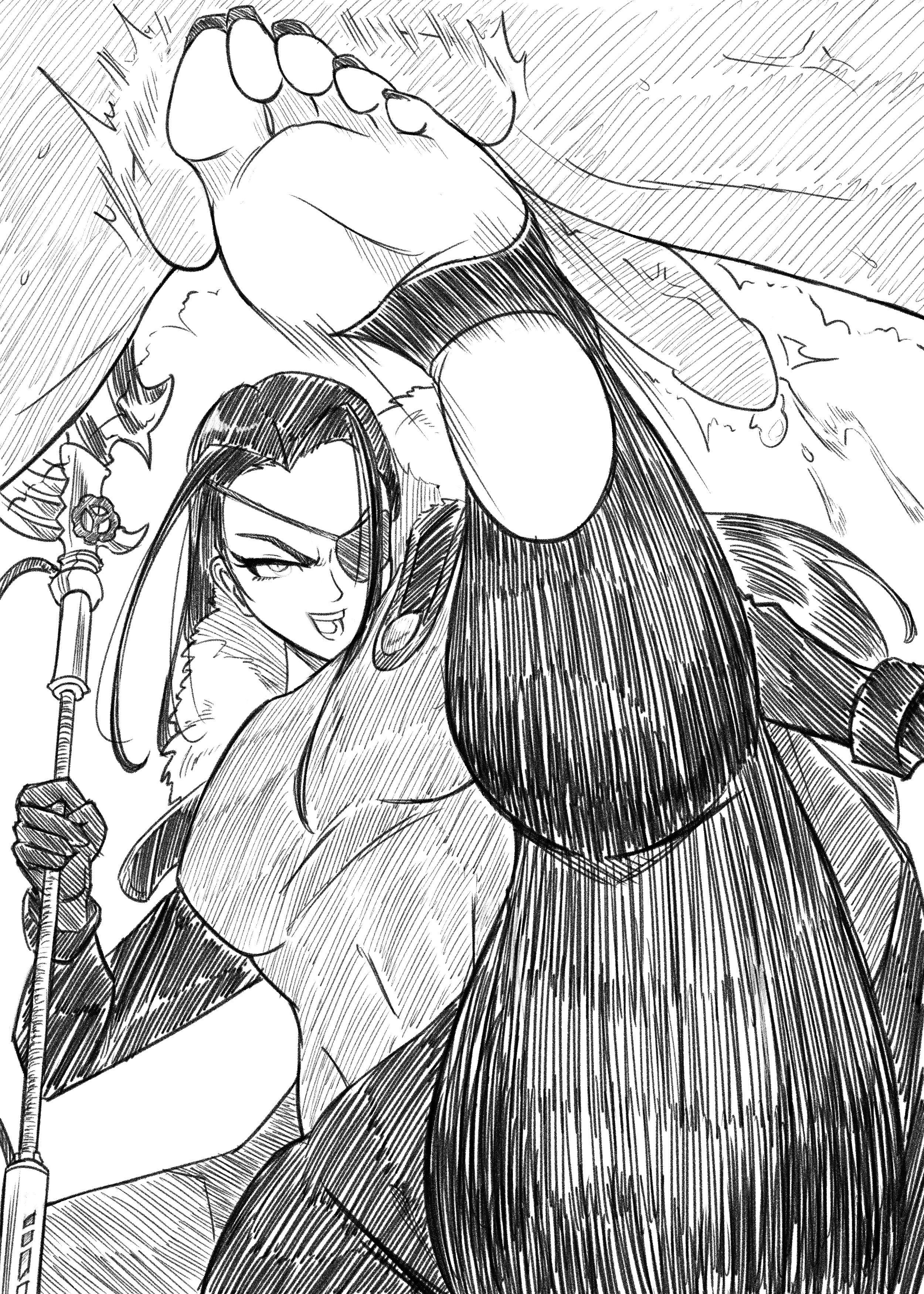 ballbusting, ballbusting orgasm, balls, ballsack, black hair, cock and ball torture, cock and balls torture, cumming, dominant female, dragon blanche, evil grin, evil smile, eyepatch, feet, female, femdom, foot fetish, foot focus, gloves, long hair, male, oc, painted toenails, penis, smug, soles, stirrup legwear, stirrup stockings, toes
