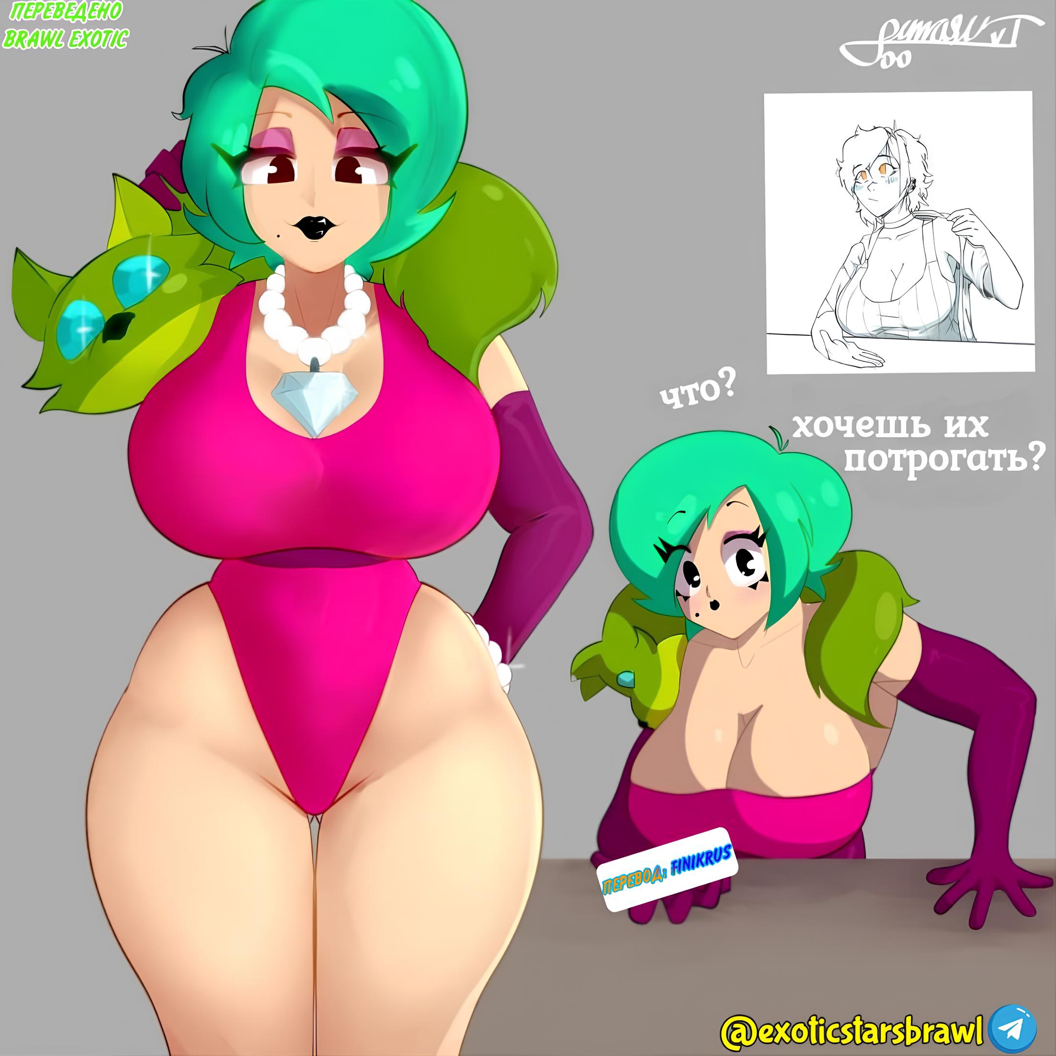 big breasts, big thighs, brawl stars, breasts, female, gloves, lola (brawl stars), naked, naked female, russian text, swimsuit, swimwear, translated