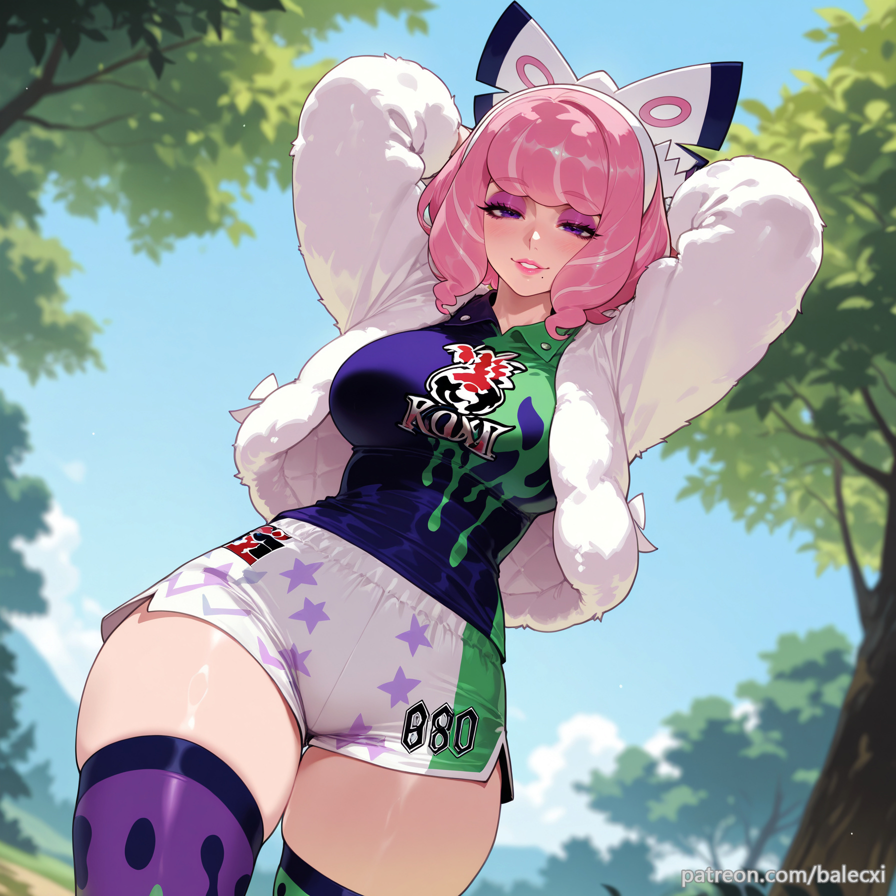 ai generated, arms behind head, asymmetrical legwear, balecxi, breasts, drill hair, female, flipped hair, hairband, klara (pokemon), large breasts, looking at viewer, makeup, mismatched legwear, mole, mole under mouth, outdoors, patreon username, pink eyeshadow, pink hair, pink lips, pokemon, pokemon ss, print shirt, print shorts, print thighhighs, purple eyes, short hair, solo, thighs, tree, twin drills, white jacket