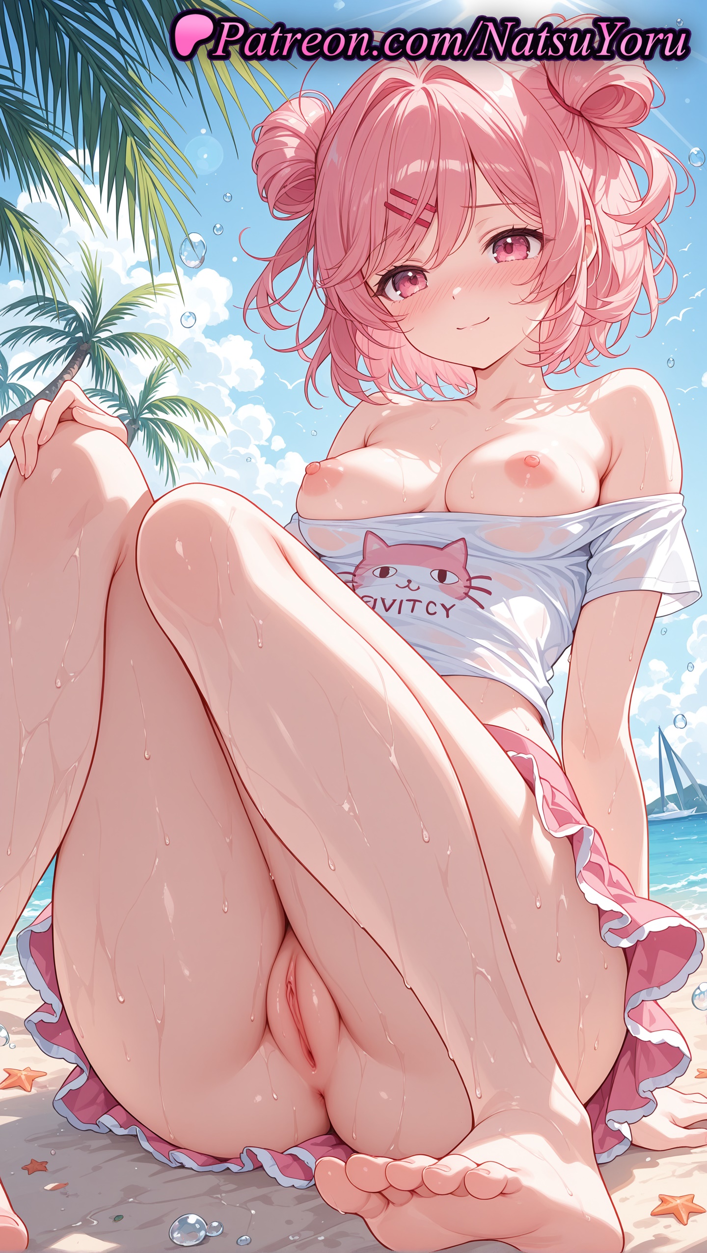1girls, 2025, ai assisted, ai generated, anime, anime style, barefoot, blush, breasts, closed mouth, clothing, doki doki literature club, double bun, feet, female, hair bun, hair ornament, hi res, high quality, high resolution, highres, knees up, looking at viewer, medium breasts, natsuki (doki doki literature club), natsuyoru, nipples, outdoors, palm tree, patreon, pink eyes, pink hair, pink skirt, pussy, shirt, shirt pull, short hair, sitting, skirt, smile, solo, stable diffusion, toes, uncensored, vagina, voluptuous, voluptuous female, wet, white shirt