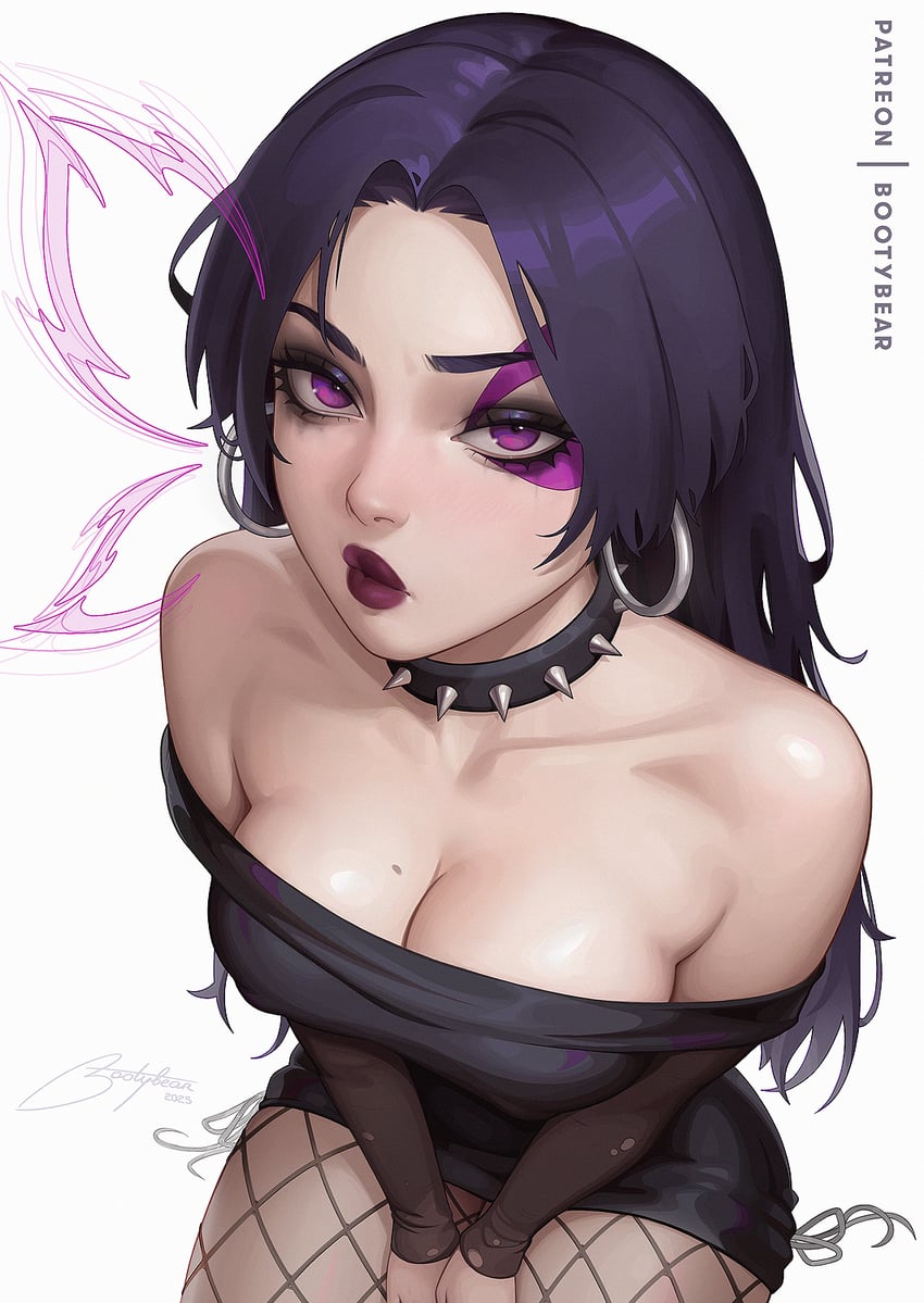 1girls, artist name, bare shoulders, black hair, bootybear, breasts, cleavage, collar, commentary, dress, earings, english commentary, eyeshadow, facial tattoo, female, female only, fishnets, fully clothed, highres, hoop earrings, jewelry, large breasts, lipstick, long hair, looking at viewer, makeup, marvel, marvel comics, off shoulder, off shoulder dress, patreon username, psylocke, psylocke (sai) (vengeance), purple eyes, red lips, solo, solo female, spiked collar, spikes, tattoo