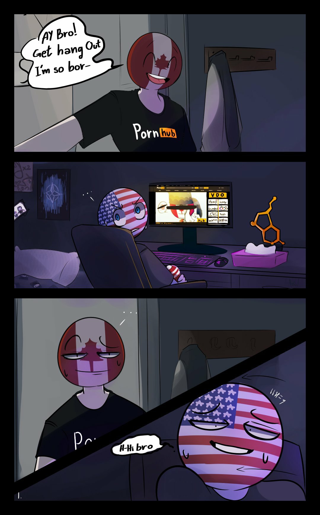 canada (countryhumans), caught masturbating, countryhumans, gay, gay male, incestuous voyeur (lore), male, male only, masturbating, masturbation, penis, sitting on chair, tenga, united states of america (countryhumans), yaoi