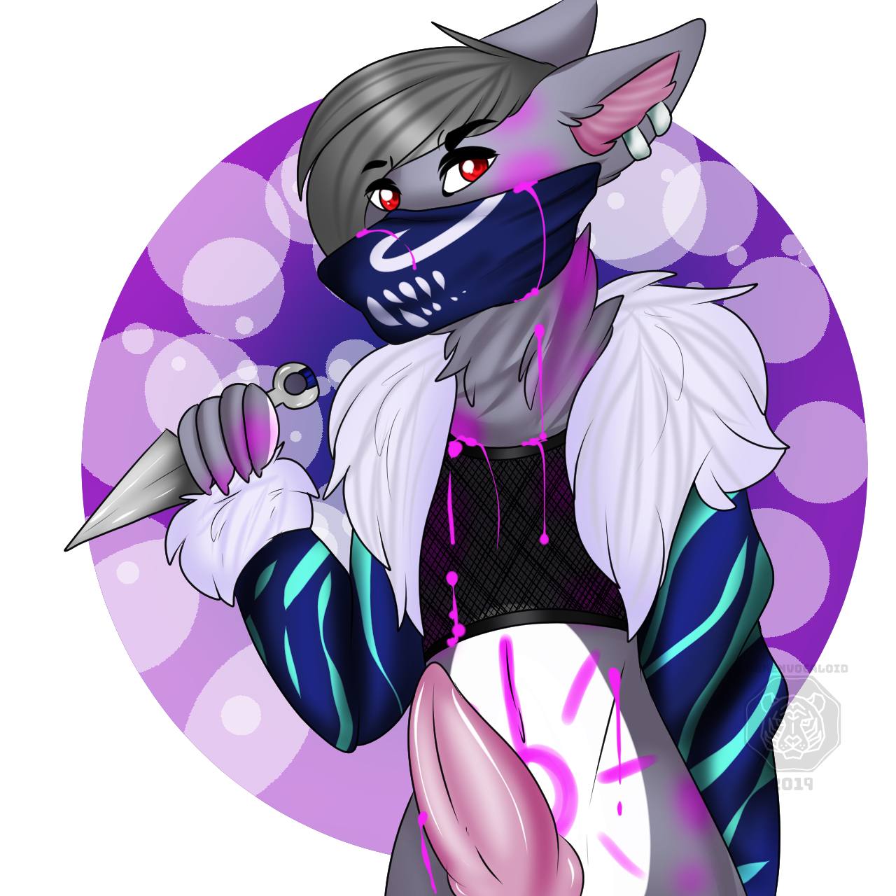 1:1 anthro brokenvocaloid canid canine canis clothed clothing cosplay erection femboy fish fur fur_trim genitals hair hi_res hybrid jacket kaisharkwolf kda kuma league_of_legends looking_at_viewer male male_only mammal marine mask paint penis riot_games shark solo spray_paint tencent topwear wearing_mask wolf