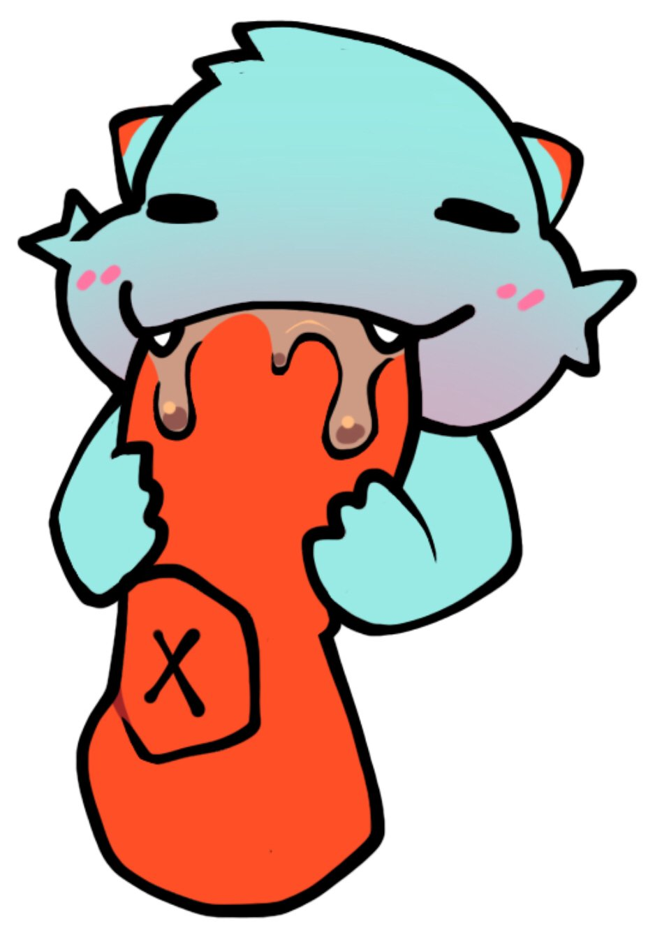 anthro balls blue_body blue_fur blush blush_lines bodily_fluids cheek_tuft chubby_cheeks closed_eyes clothing disembodied_penis erection eyes_always_closed facial_tuft fluffy fur genitals handwear hi_res holding_penis male male/male mitten_hands mittens orange_body orange_fur penis red_penis saliva saliva_on_penis scab_(character) scab_nsfw simple_background smile teeth tuft white_background