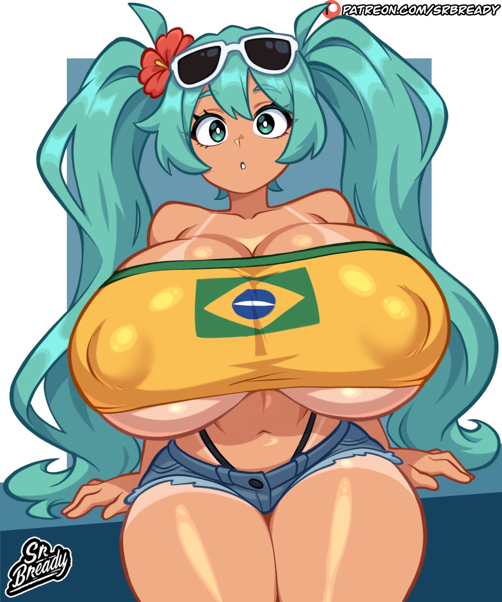 :o, 1girl, 1girls, alternate breast size, aqua eyes, aqua hair, areola, ass, big areola, big ass, big breasts, big nipples, big thighs, bikini tan, blue hair, blush, brazil, brazilian, brazilian female, brazilian miku, breasts, covered nipples, cyan eyes, cyan hair, denim, denim shorts, eyewear on head, female, female only, flower, gigantic ass, gigantic breasts, gigantic thighs, hair flower, hair ornament, hatsune miku, huge areola, huge ass, huge breasts, huge nipples, huge thighs, latin american hatsune miku (meme), long hair, looking at viewer, low-angle view, navel, nipples, short shorts, shorts, sitting, solo, solo female, srbready, strapless, sunglasses, swimsuit, tan, tan body, tan skin, tan-skinned female, tanline, tanlines, thick hips, thick thighs, thighs, tube top, twintails, very long hair, vocaloid