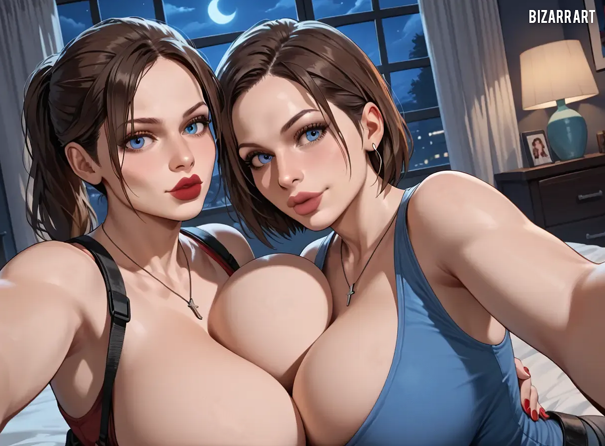 2girls, ai generated, arm around waist, big breasts, bizarrart, breasts, brown hair, capcom, claire redfield, cleavage, clothing, cross necklace, female, huge breasts, jill valentine, necklace, ponytail, resident evil, short hair, video game character