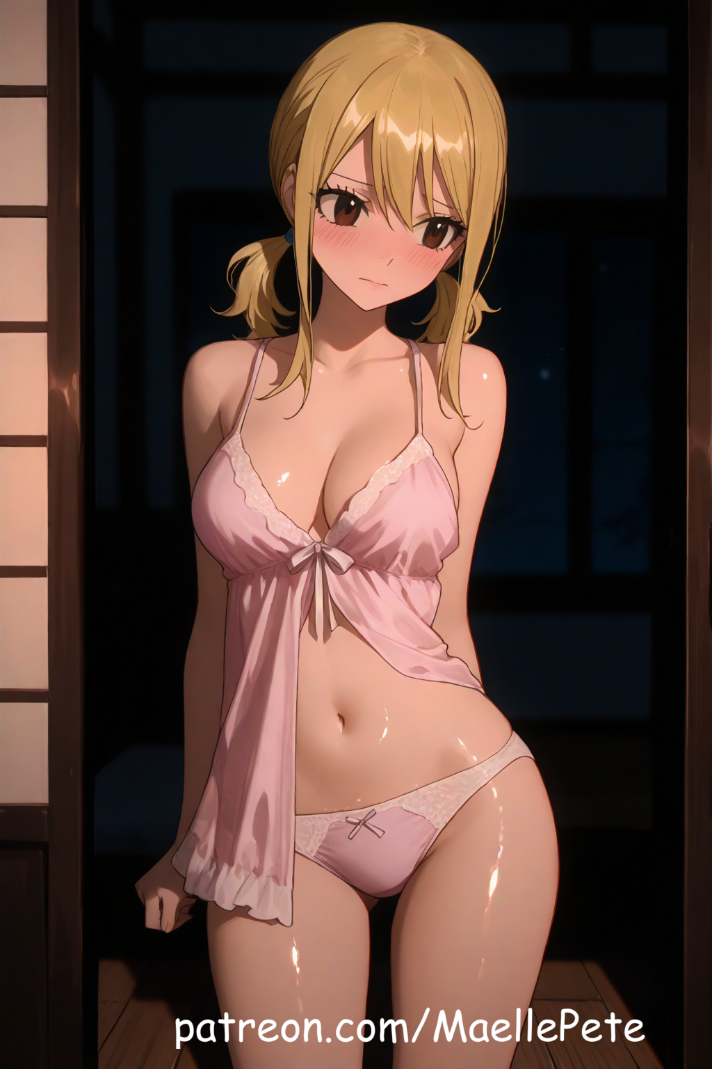 ai_generated beautiful beauty belly belly_button blonde_hair blush breasts brown_hair cute dress fairy_tail female female_only long_hair love lucy_heartfilia maellepetite negligee pajamas panties pose solo twintails