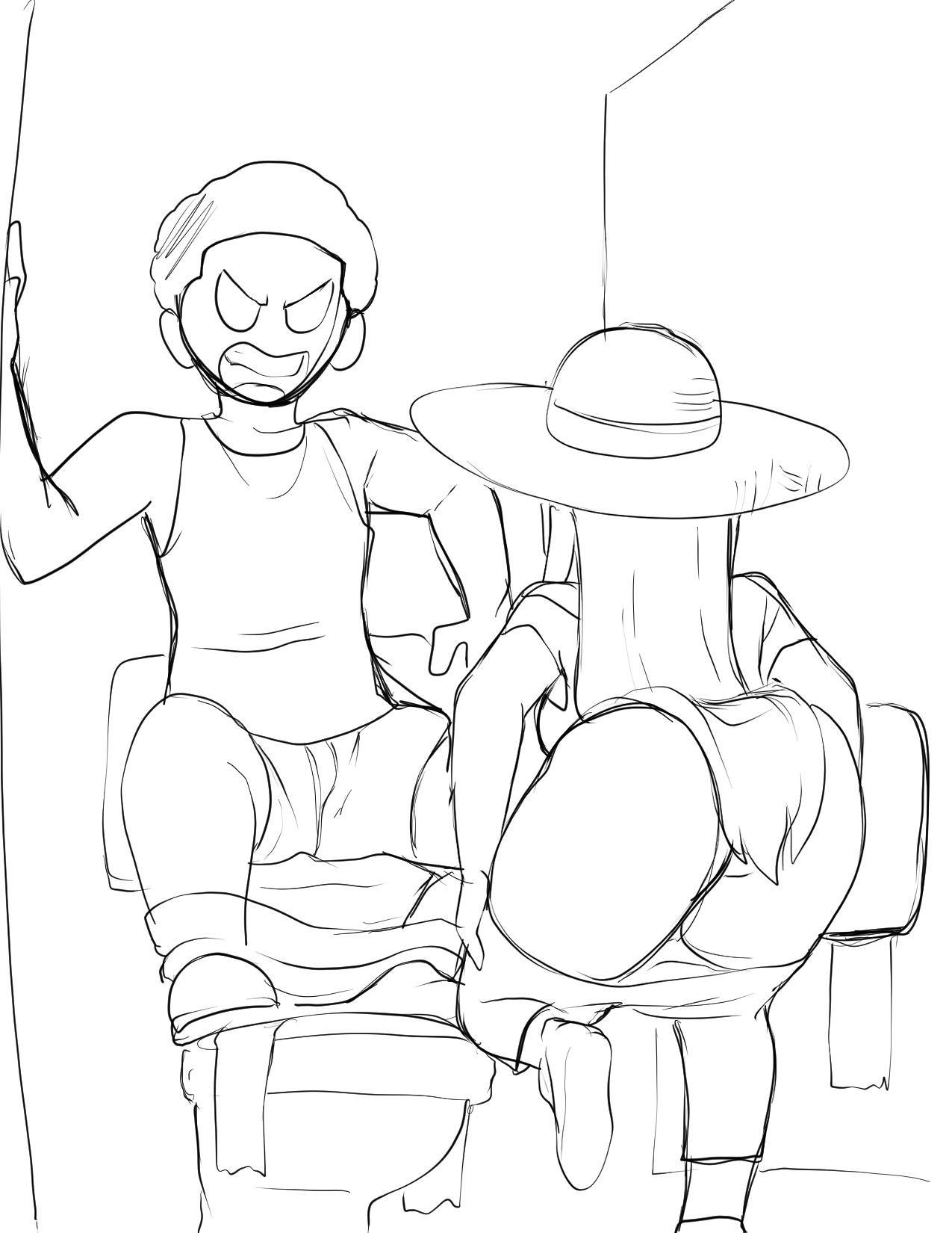 1boy, 1girls, ass, breaking in, duo, female, fuda hana (kae-est art), hat, kae-est art, long hair, male, no panties, original, pants down, pulled by self, pulling down pants, scared, sketch, straight, toilet stall, toilet use, undressing, yandere