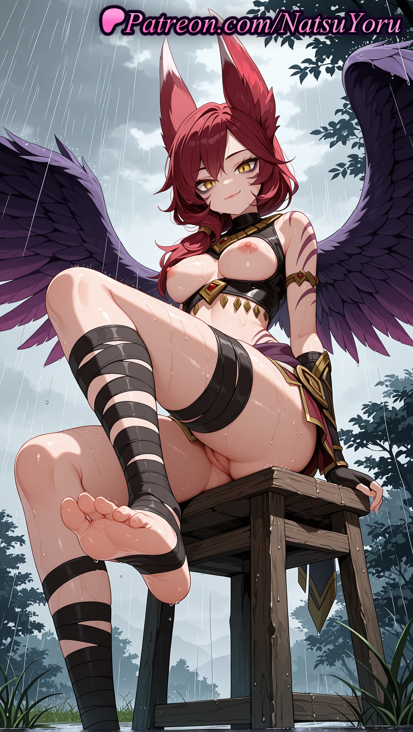 1girls, 2025, ai assisted, ai generated, animal ears, anime, anime style, breasts, feet, female, foot fetish, gloves, hair over shoulder, hi res, high quality, high resolution, highres, league of legends, league of legends: wild rift, legs, long hair, looking at viewer, natsuyoru, nipples, non-asian, outdoors, patreon, pov feet, purple wings, pussy, rain, red hair, riot games, sitting, smile, soles, solo, stable diffusion, stirrup legwear, toeless legwear, toenails, toes, uncensored, vagina, voluptuous, voluptuous female, wet, wings, xayah, yellow eyes
