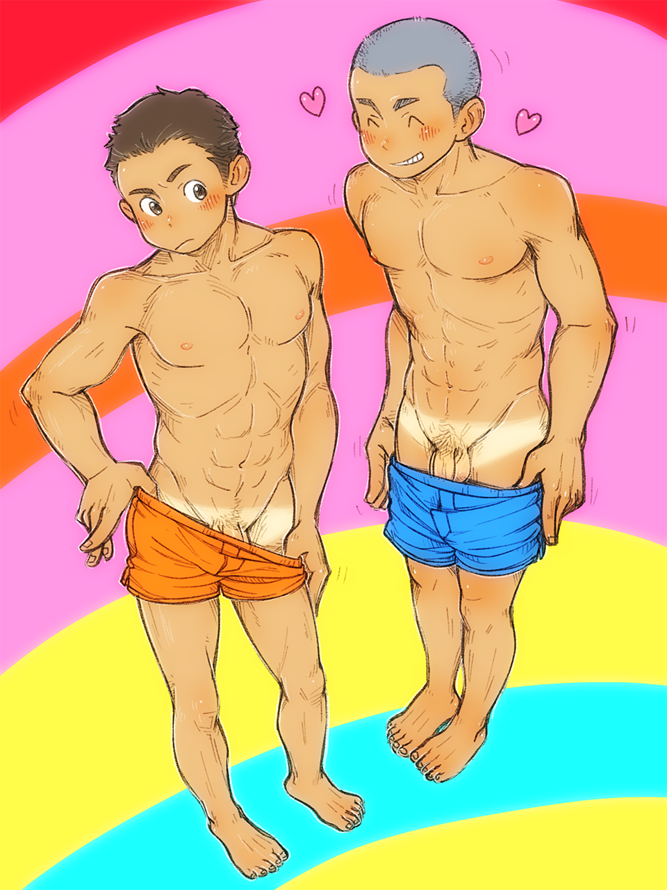 2boys abs barefoot blush boxers full_body male_only multiple_boys muscle nipples pecs smile torte_(triggerhappy) underwear undressing