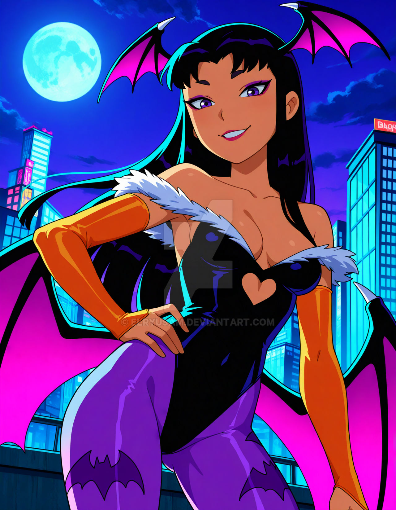 2025, ai generated, blackfire, capcom, cartoon network, city background, cosplay, cosplayer, darkstalkers, dc, dc comics, deviantart, elryusam, female, hand on hip, meta, morrigan aensland, morrigan aensland (cosplay), not porn, purple eyebrows, purple eyes, purple-haired female, red lipstick, teen titans