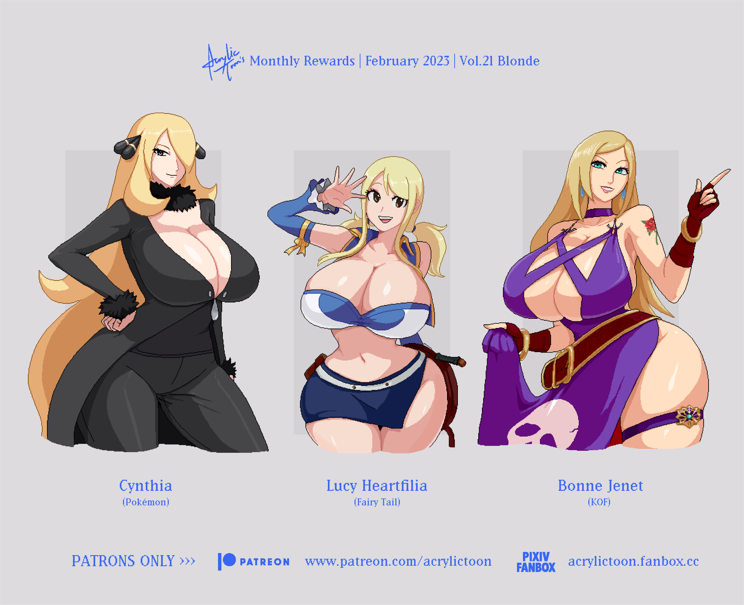 3girls, acrylictoon, alternate body type, alternate breast size, armwear, ass, b. jenet, big ass, big breasts, black clothing, black eyes, blonde hair, blue eyes, breasts, breasts bigger than head, brown eyes, curvy, curvy female, curvy figure, cynthia (pokemon), digital drawing (artwork), digital media (artwork), fairy tail, fatal fury, female, female only, fingerless gloves, game freak, grey background, group, hair accessory, hair over one eye, hips, hips wider than shoulders, king of fighters, large breasts, long hair, lucy heartfilia, multiple females, multiple girls, nintendo, pokemon, purple clothing, smile, smiley face, smiling, tattoo, tattoo on shoulder, the pokemon company, thick legs, thick thighs, thighs, wide hips, women