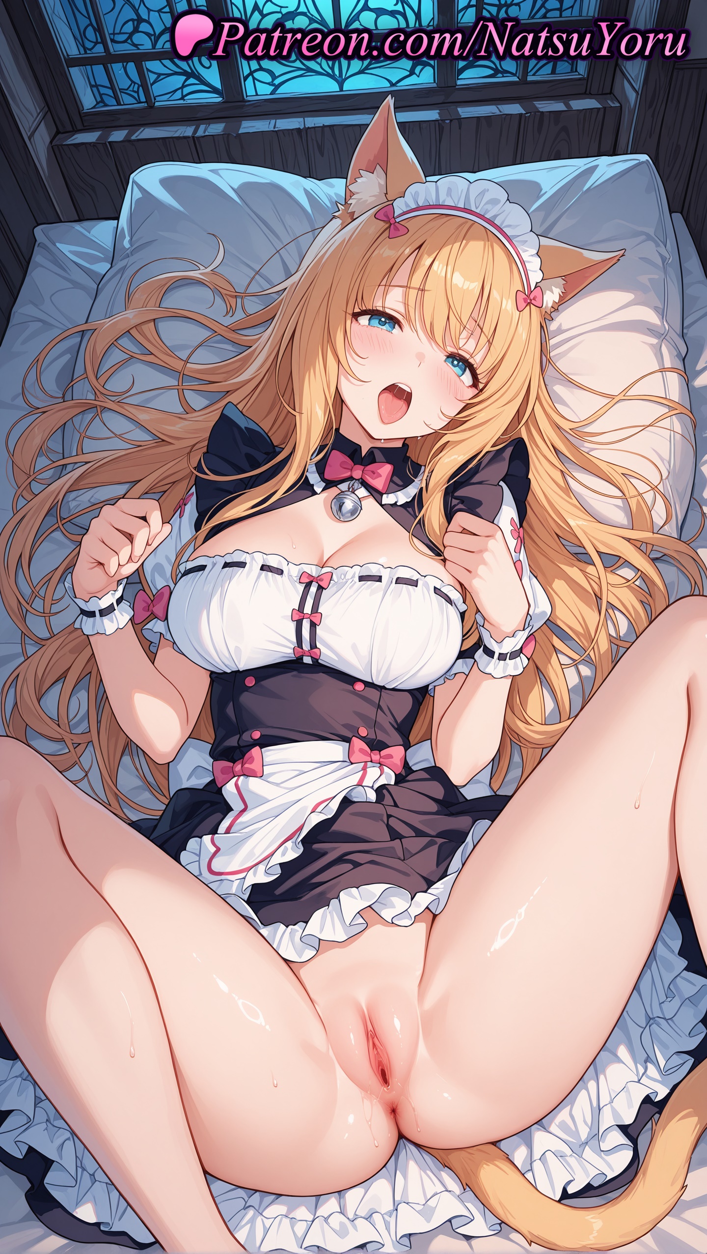 1girls, 2025, ai generated, animal ear fluff, animal ears, anus, bangs, bell, blonde hair, blue eyes, blush, bow, bowtie, breasts, cat ears, cat girl, cat tail, cleavage, dress, female, frills, hi res, highres, jingle bell, large breasts, long hair, looking at viewer, lying, maid, maid headdress, maple (sayori), natsuyoru, nekopara, no panties, on back, on bed, open mouth, patreon, pillow, pink bow, pussy, shaved vagina, short sleeves, solo, spread legs, tail, tongue, uncensored, vagina, voluptuous, voluptuous female
