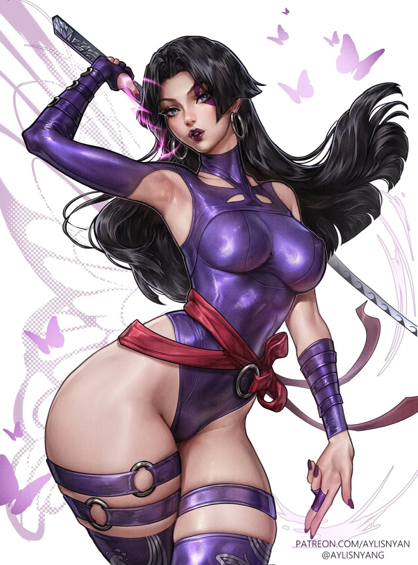 1girls, anime style, aylis nyan, bare shoulders, big breasts, black hair, breasts, clothed, elbow gloves, female, gloves, highleg, highleg leotard, highres, holding, holding sword, holding weapon, jewelry, large breasts, leotard, long hair, looking at viewer, marvel, marvel comics, marvel rivals, psylocke, psylocke (sai) (vengeance), purple eyes, sash, solo, superhero costume, sword, thighhighs, weapon, x-men